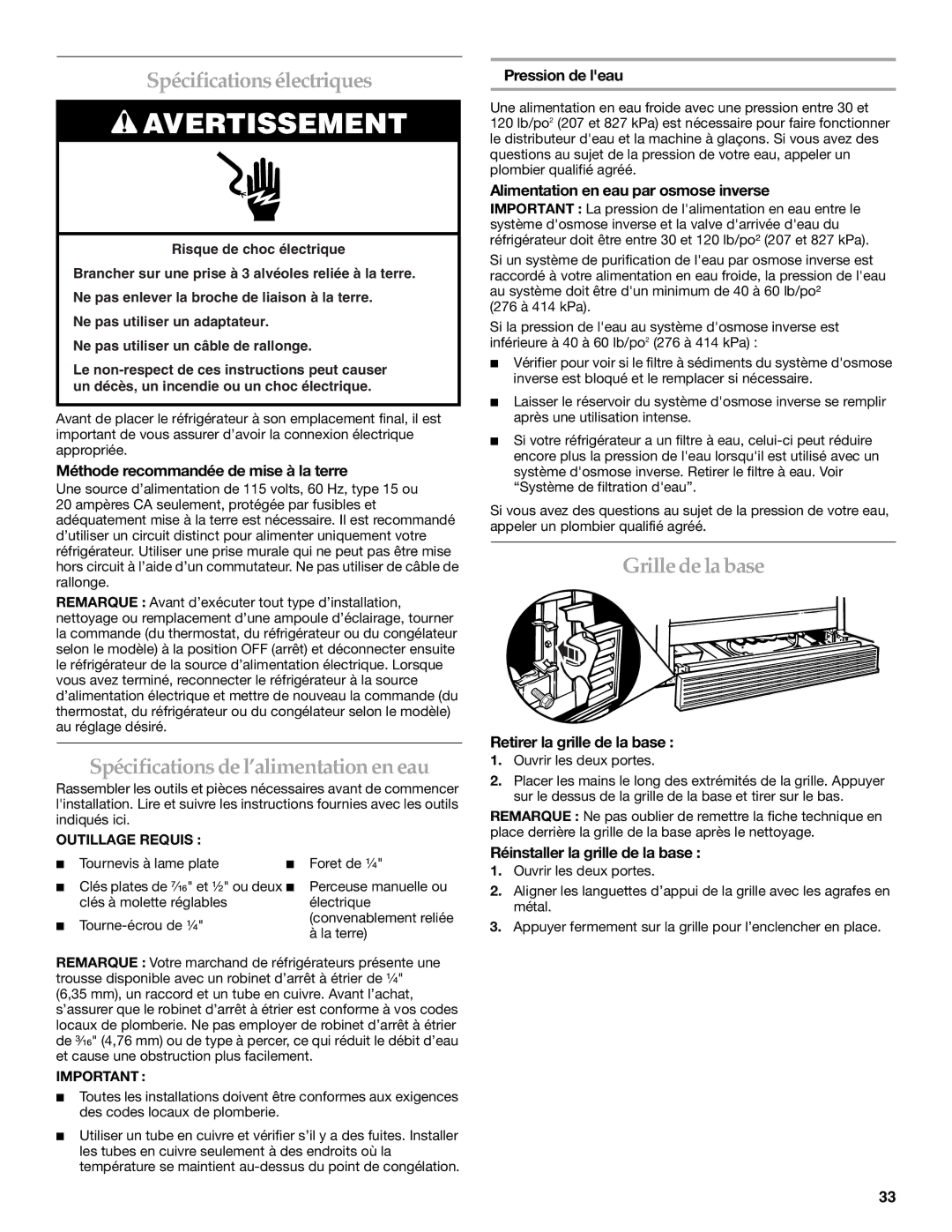 KitchenAid 2318581 manual Spécifications électriques, Spécifications de l’alimentation en eau, Grille de la base 