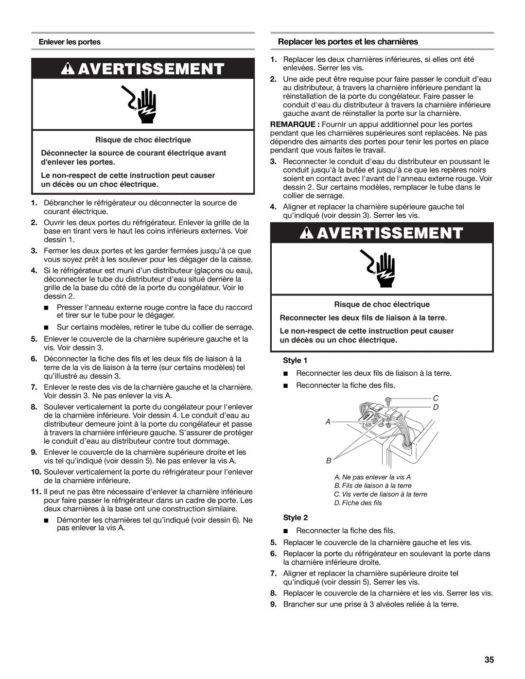 KitchenAid 2318581 manual Replacer les portes et les charnières, Enlever les portes 