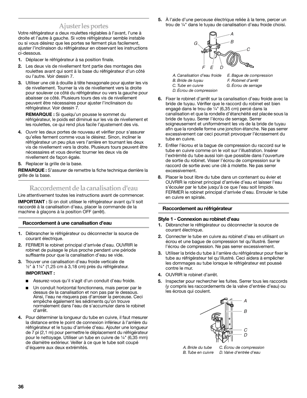 KitchenAid 2318581 manual Ajuster lesportes, Raccordement delacanalisation deau, Raccordement à une canalisation d’eau 