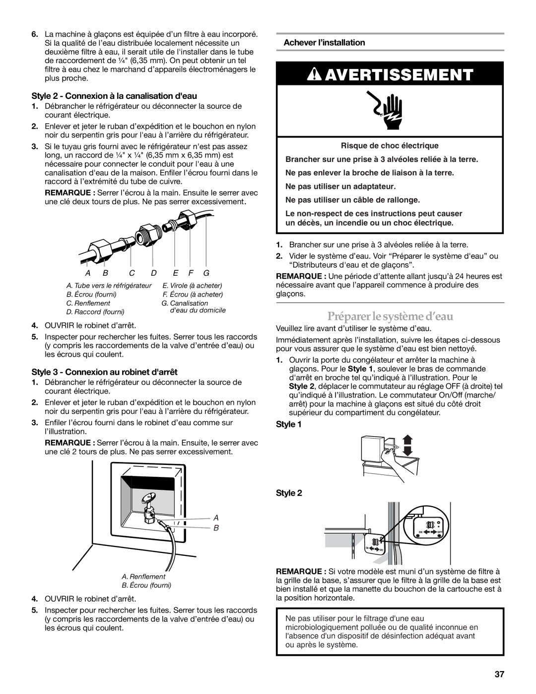 KitchenAid 2318581 Préparerlesystème d’eau, Style 2 Connexion à la canalisation deau, Style 3 Connexion au robinet darrêt 