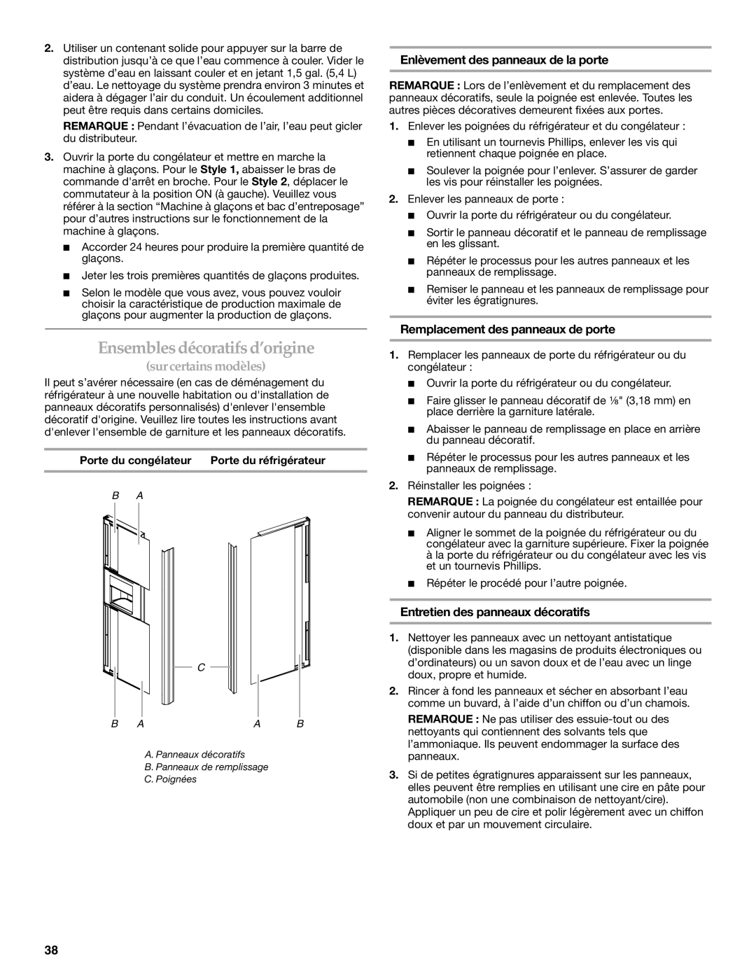 KitchenAid 2318581 manual Ensemblesdécoratifsd’origine, Sur certains modèles, Enlèvement des panneaux de la porte 