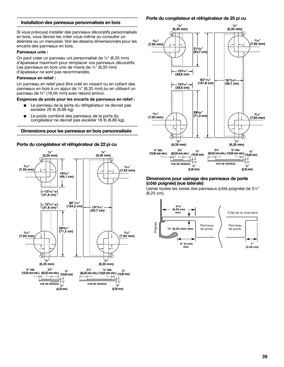 KitchenAid 2318581 manual Panneaux unis, Panneaux en relief, Exigences de poids pour les encarts de panneaux en relief 