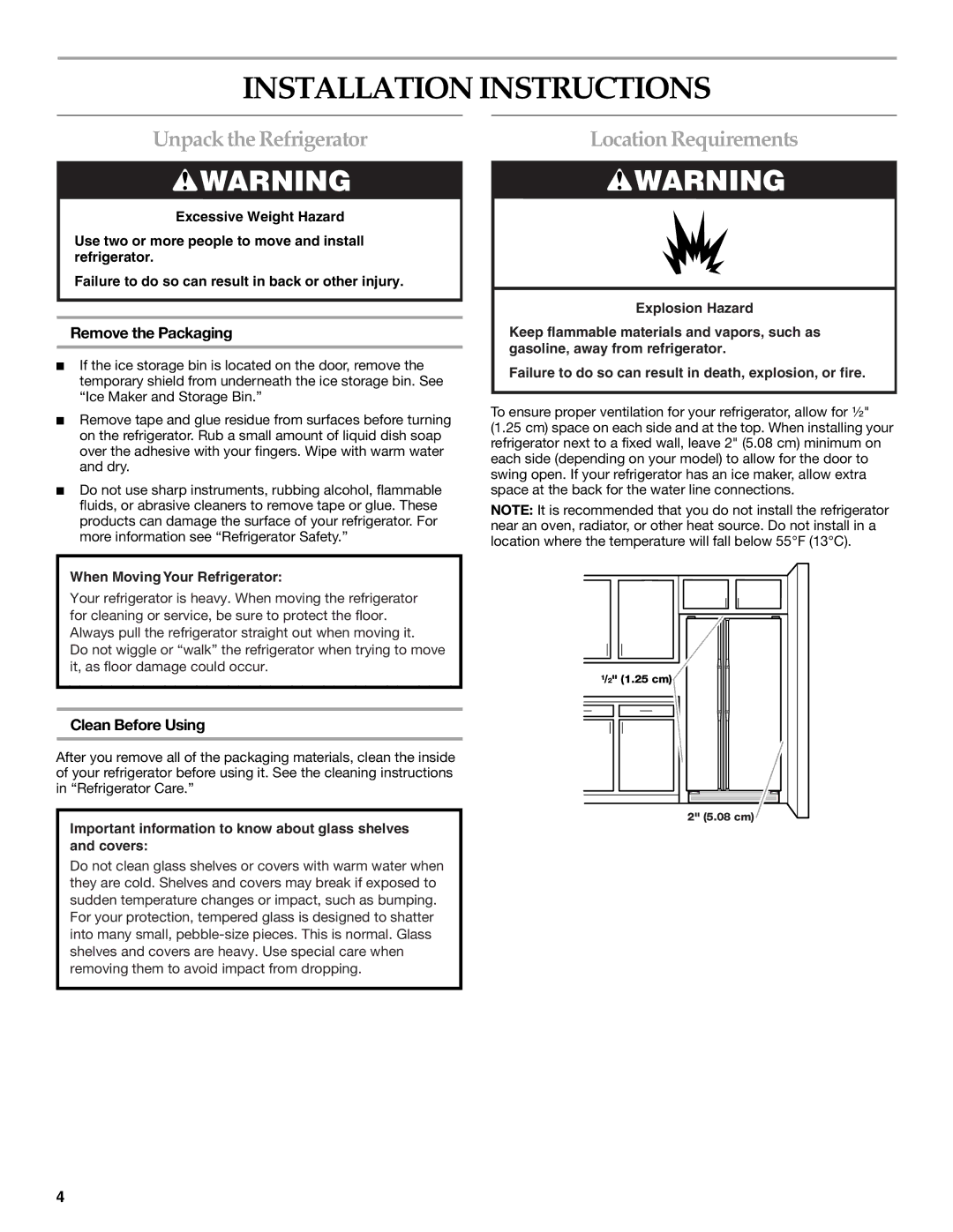 KitchenAid 2318581 manual Installation Instructions, Unpack the Refrigerator, Location Requirements, Remove the Packaging 