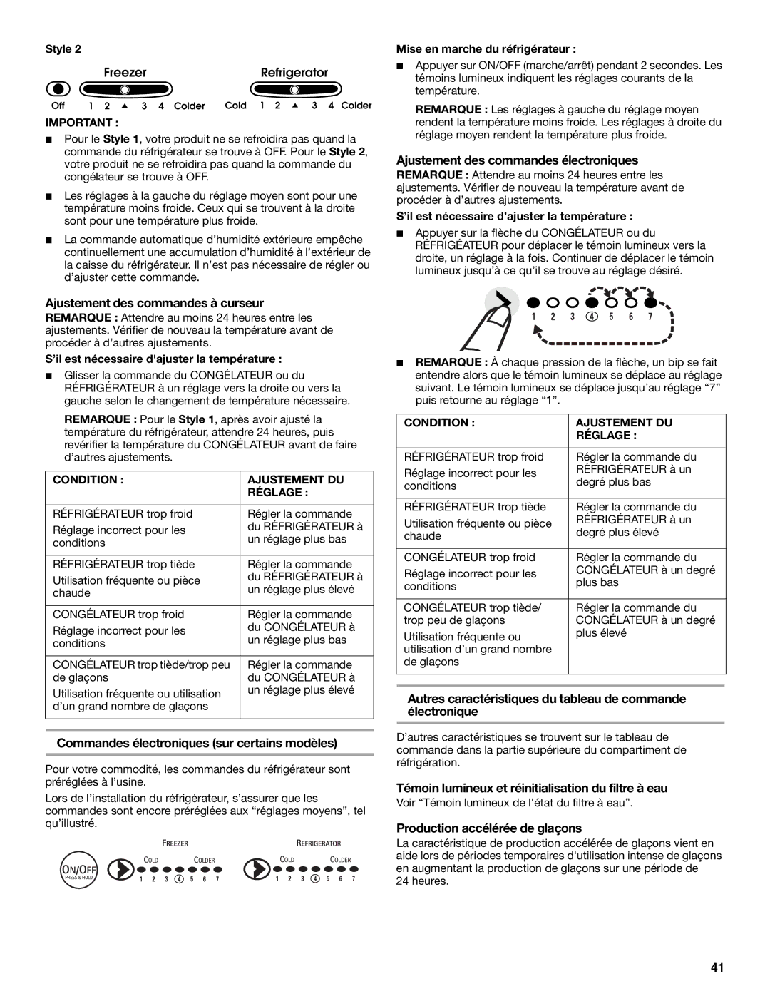 KitchenAid 2318581 manual Ajustement des commandes électroniques, Ajustement des commandes à curseur 