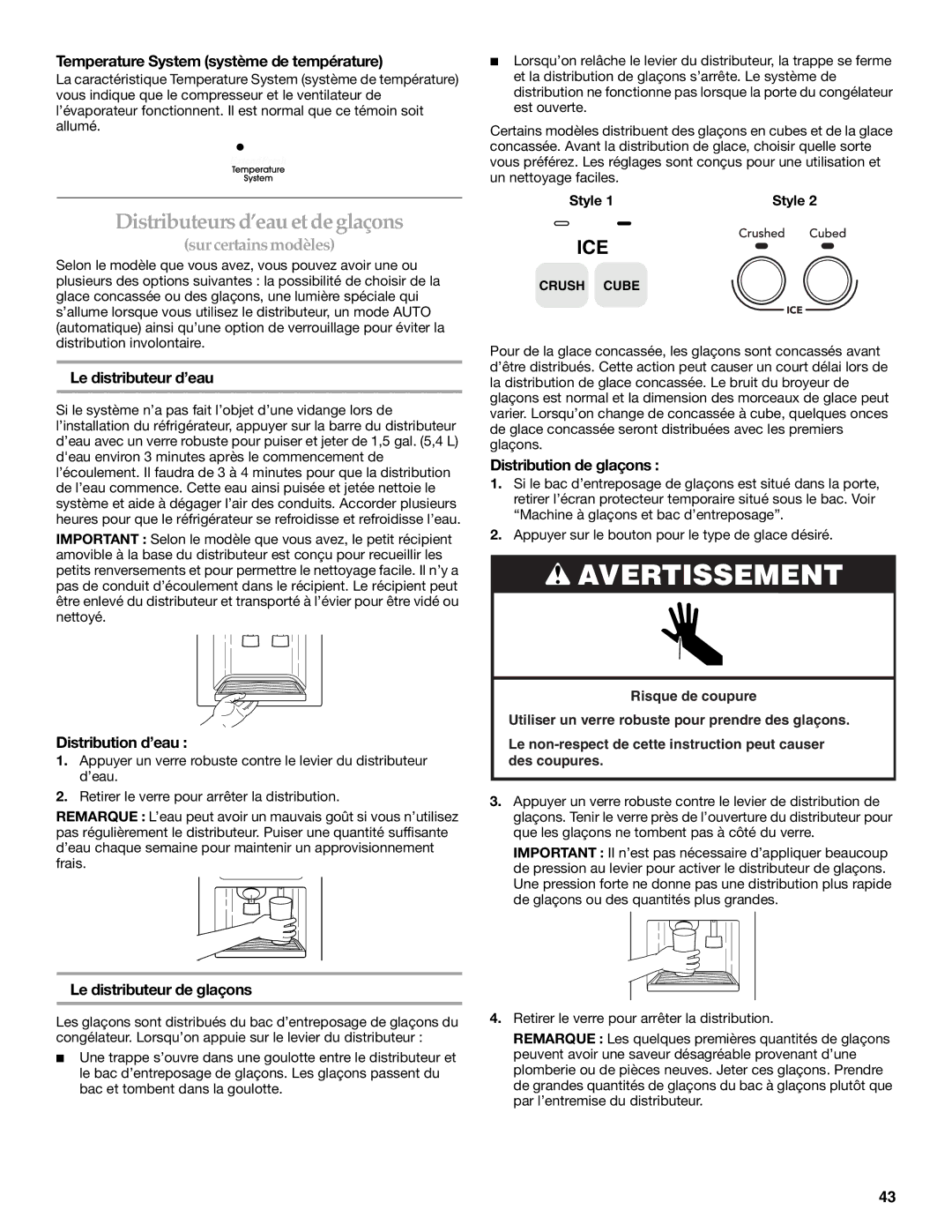 KitchenAid 2318581 manual Distributeurs d’eau et de glaçons 