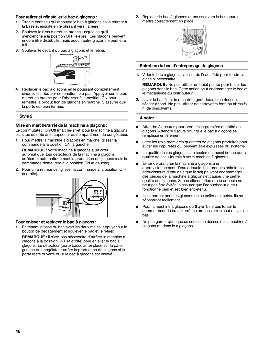 KitchenAid 2318581 manual Pour retirer et réinstaller le bac à glaçons, Style Mise en marche/arrêt de la machine à glaçons 