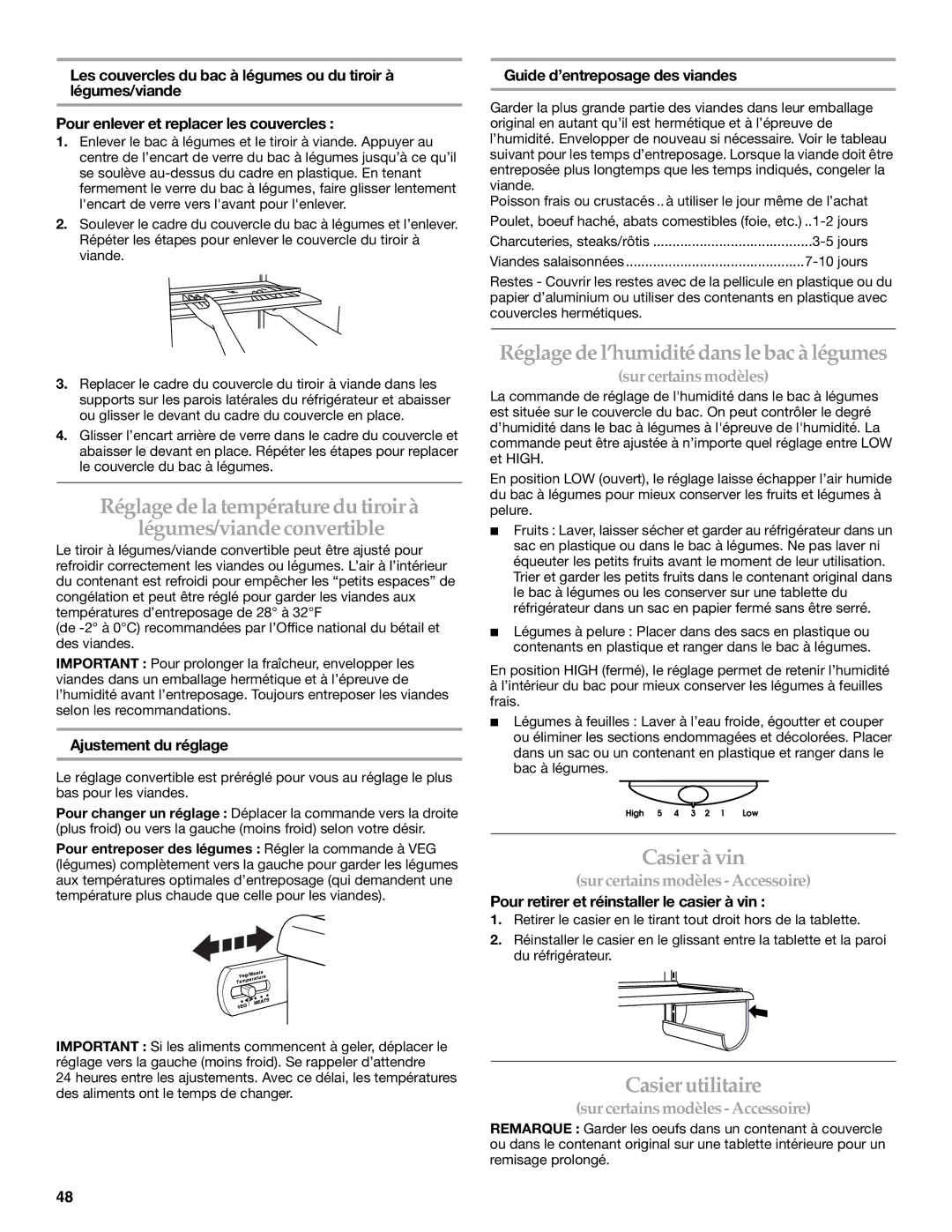 KitchenAid 2318581 manual Réglage de l’humidité dansle bac à légumes, Casieràvin, Casier utilitaire 