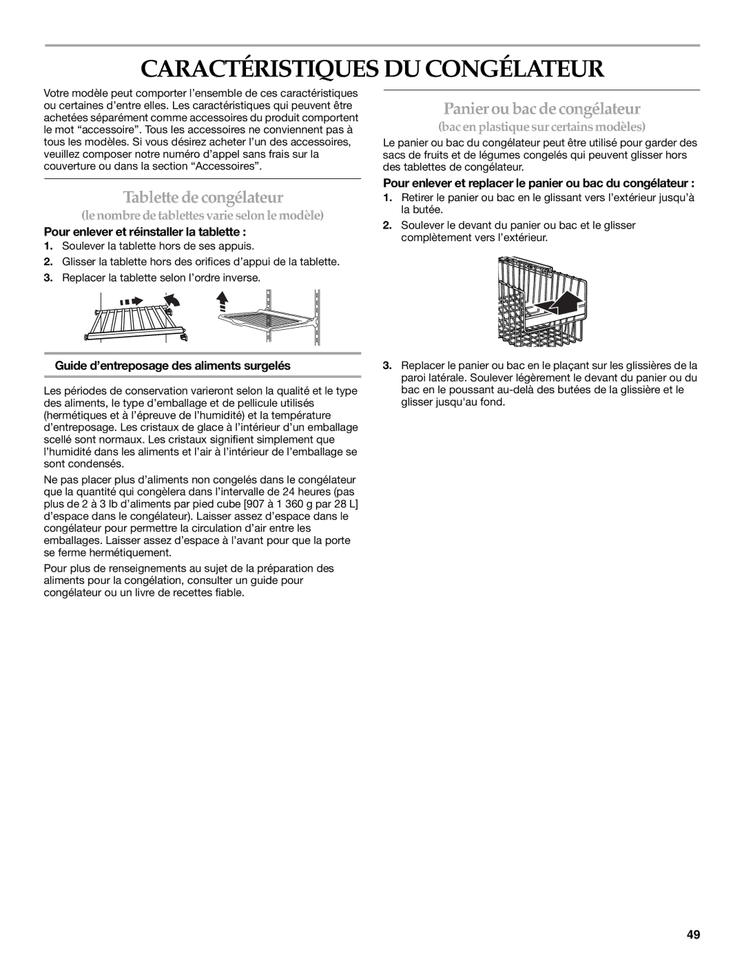 KitchenAid 2318581 manual Caractéristiques DU Congélateur, Panier ou bac de congélateur, Tablette de congélateur 