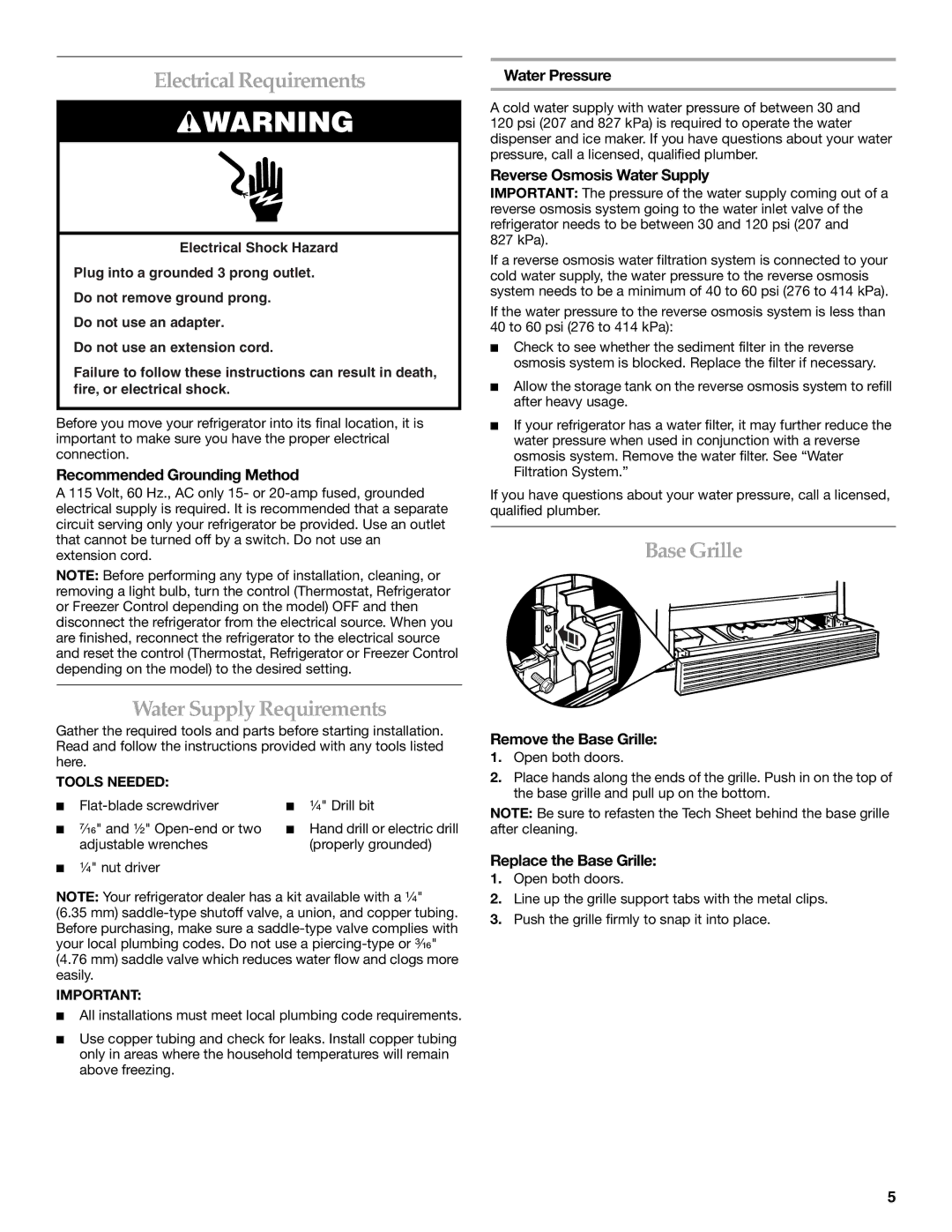 KitchenAid 2318581 manual Electrical Requirements, Water Supply Requirements, Base Grille 