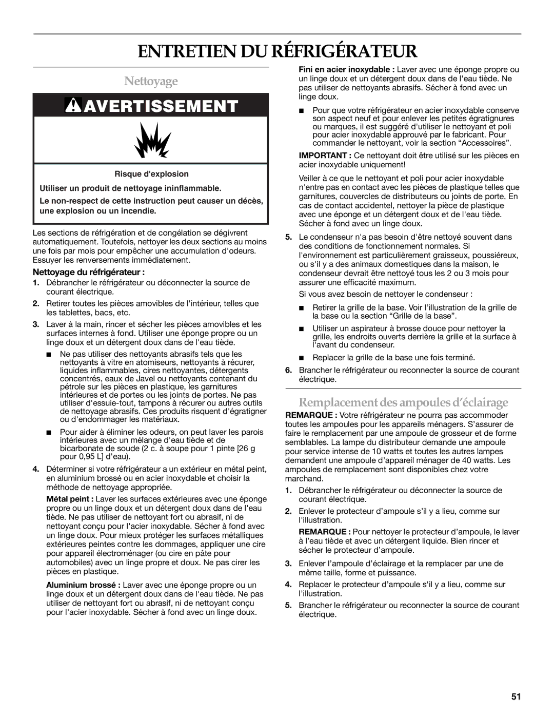 KitchenAid 2318581 manual Entretien DU Réfrigérateur, Remplacement des ampoulesd’éclairage, Nettoyage du réfrigérateur 