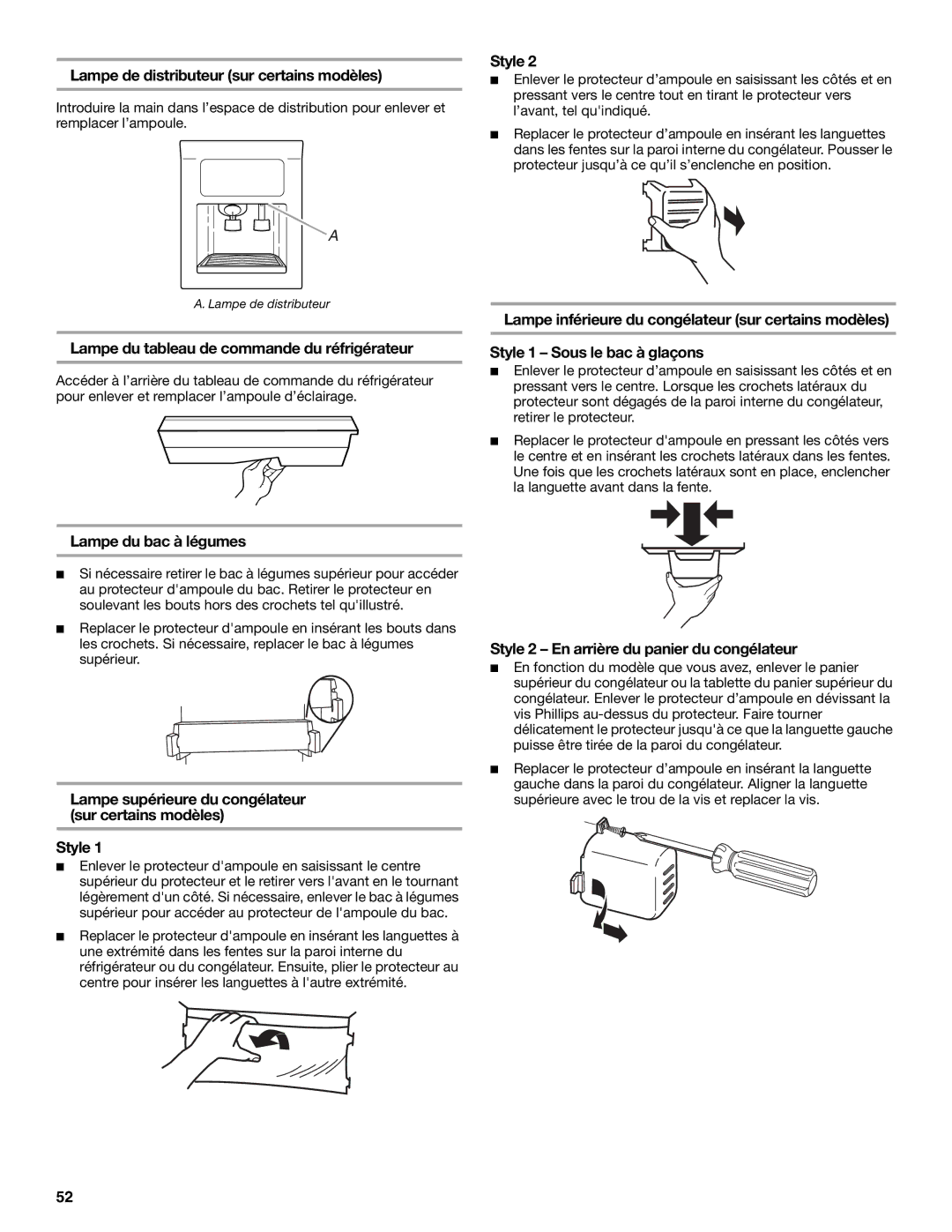 KitchenAid 2318581 manual Lampe de distributeur sur certains modèles, Lampe du tableau de commande du réfrigérateur 