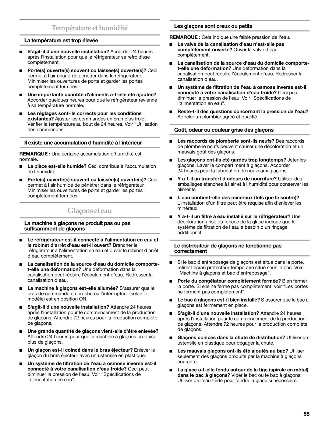 KitchenAid 2318581 manual Température et humidité, Glaçons et eau 