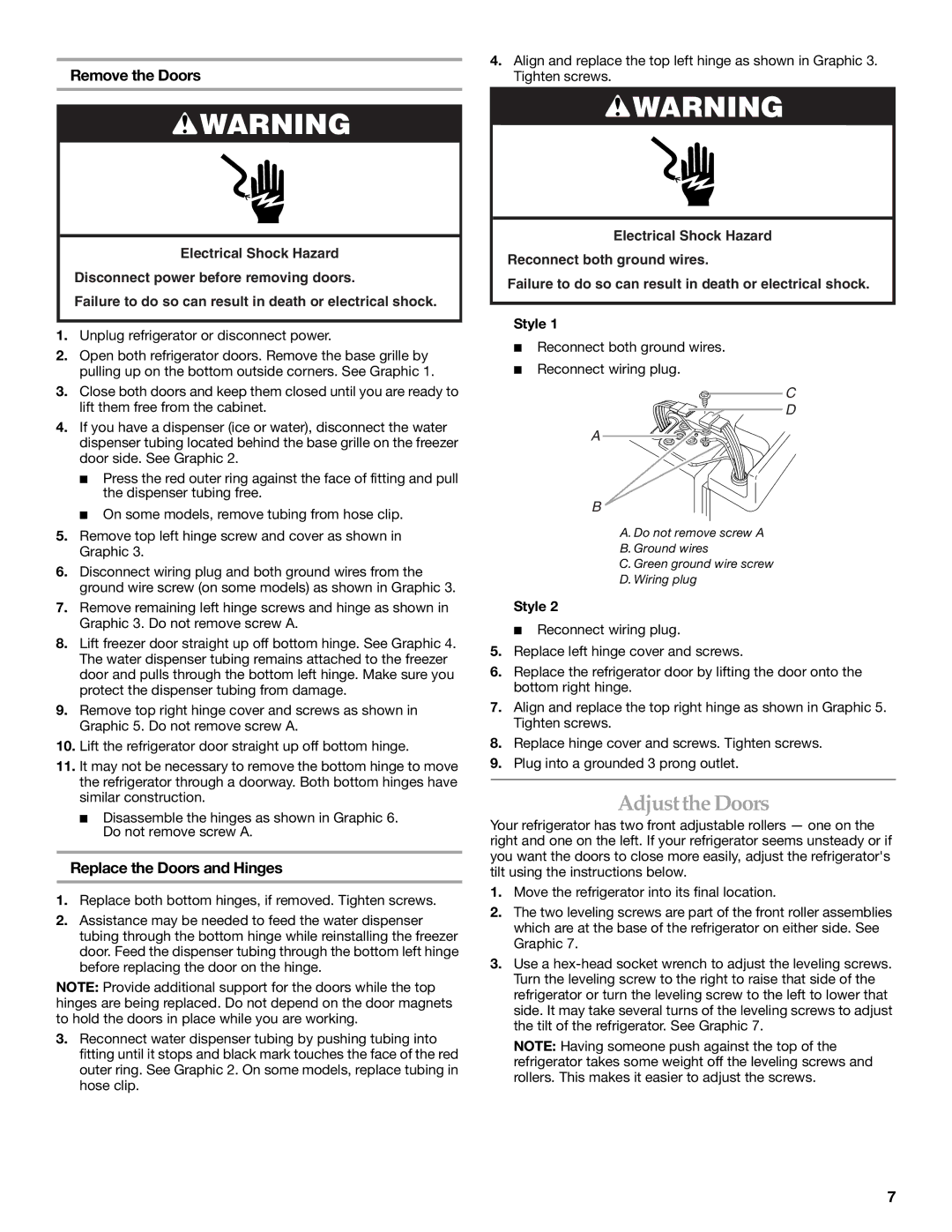 KitchenAid 2318581 manual Adjustthe Doors, Remove the Doors, Replace the Doors and Hinges 