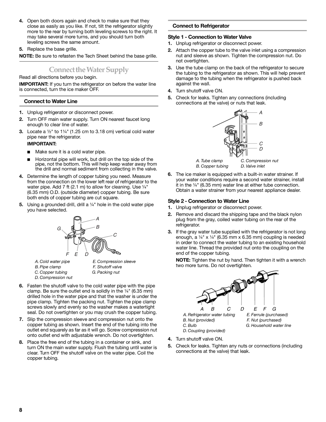 KitchenAid 2318581 manual Connectthe Water Supply, Connect to Water Line, Style 2 Connection to Water Line 