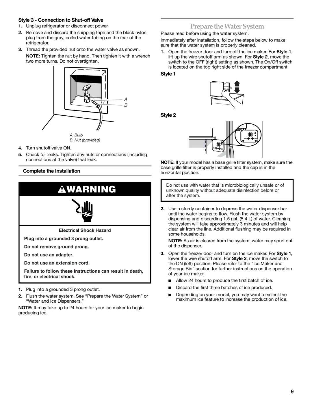 KitchenAid 2318581 manual Prepare the Water System, Style 3 Connection to Shut-off Valve, Complete the Installation 