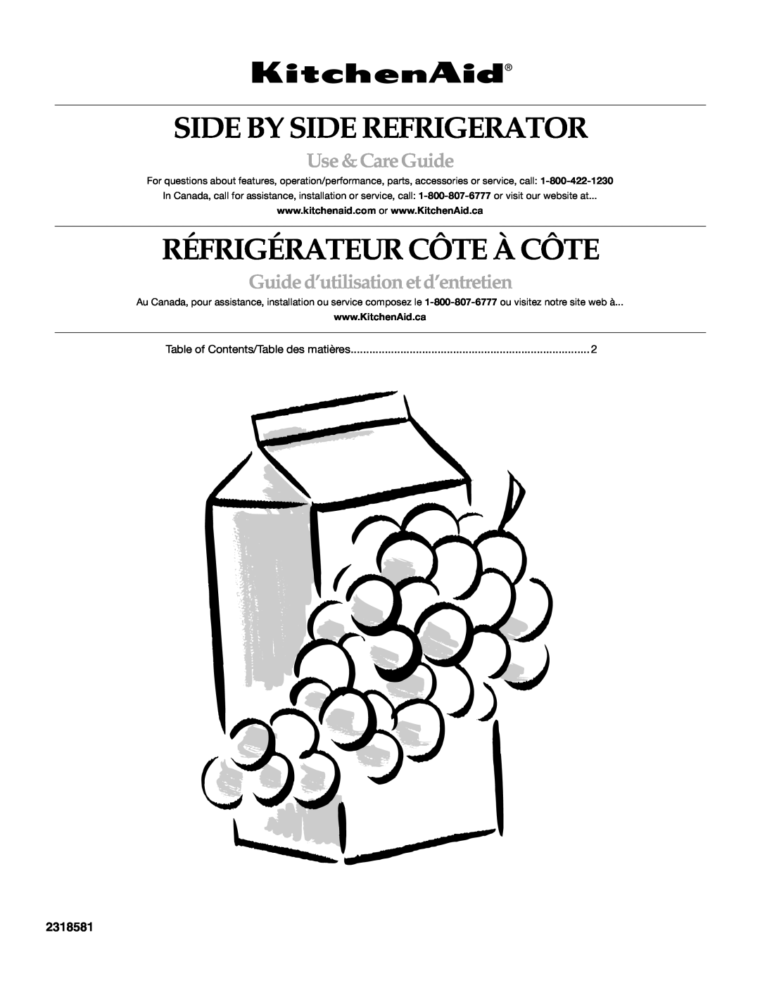 KitchenAid 2318581 manual Side By Side Refrigerator, Réfrigérateur Côte À Côte, Use &CareGuide 