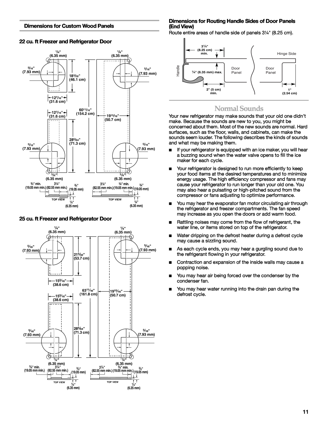 KitchenAid 2318581 manual Normal Sounds, Dimensions for Routing Handle Sides of Door Panels End View 