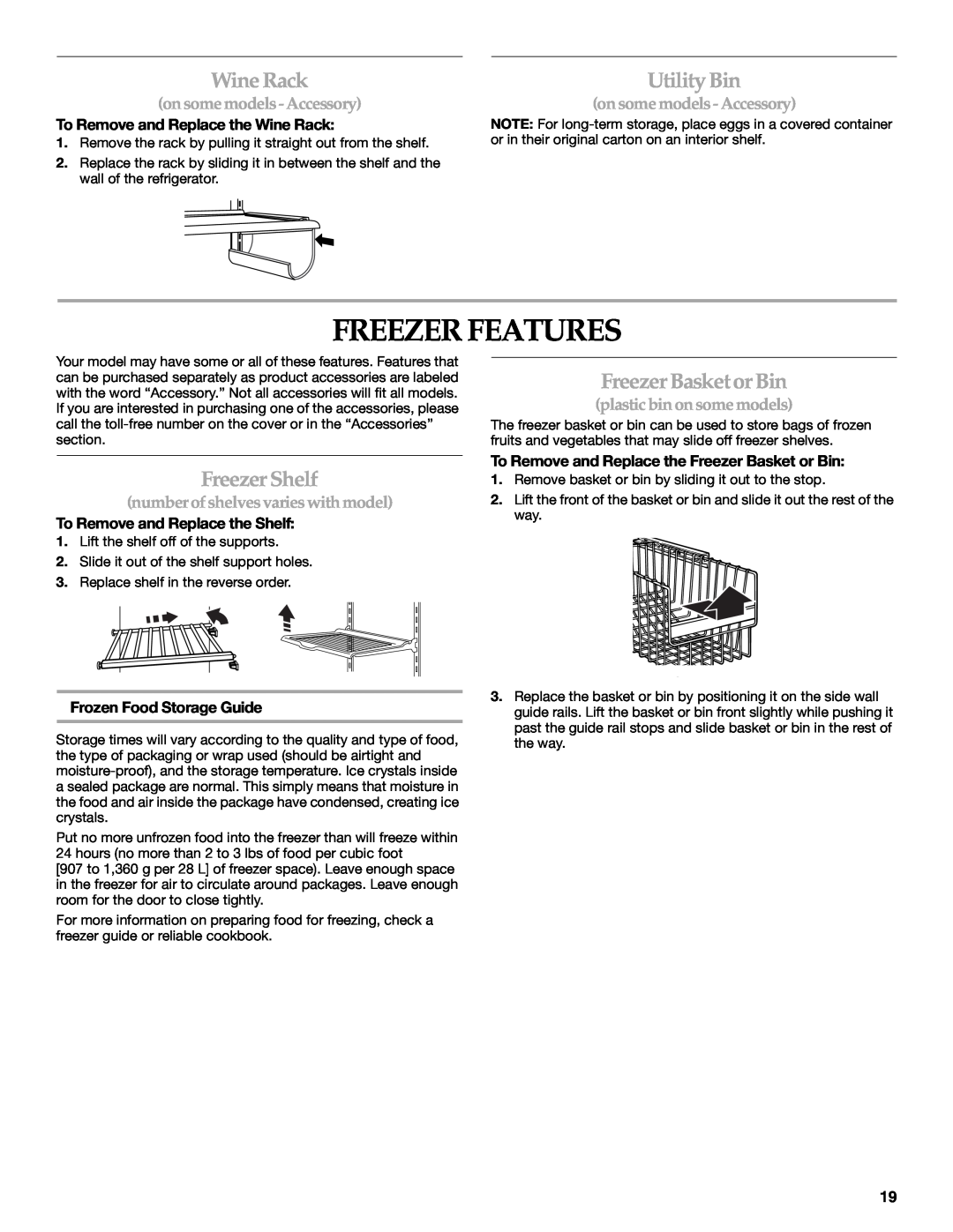 KitchenAid 2318581 manual Freezer Features, Wine Rack, Utility Bin, Freezer Shelf, Freezer Basket or Bin 