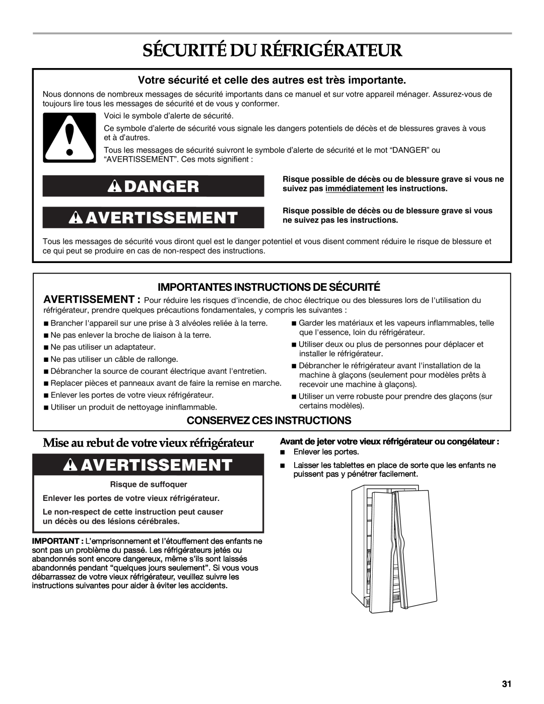 KitchenAid 2318581 manual Sécurité Du Réfrigérateur, Danger Avertissement, Mise au rebut de votre vieux réfrigérateur 