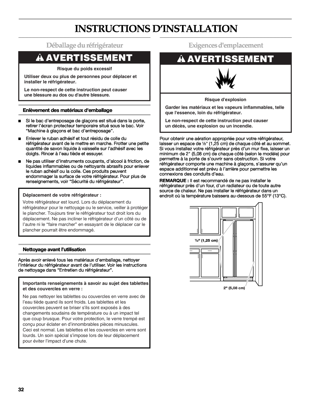 KitchenAid 2318581 Instructions D’Installation, Déballage du réfrigérateur, Exigences demplacement, Risque dexplosion 
