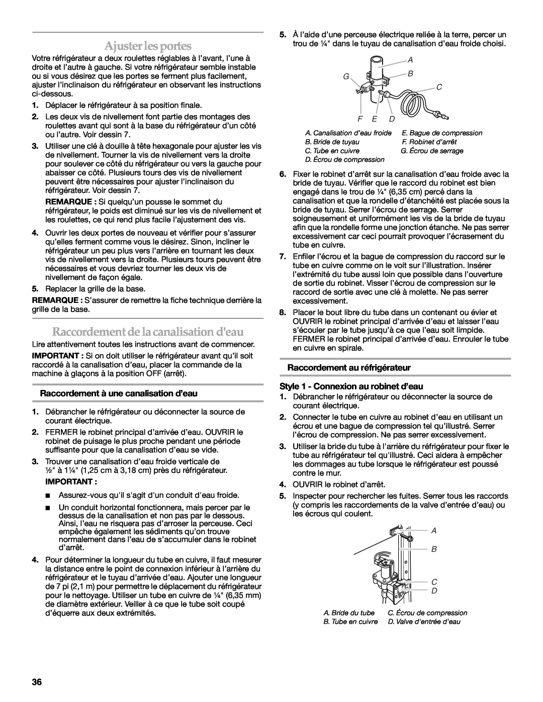 KitchenAid 2318581 manual Ajuster lesportes, Raccordement delacanalisation deau, Raccordement à une canalisation d’eau 