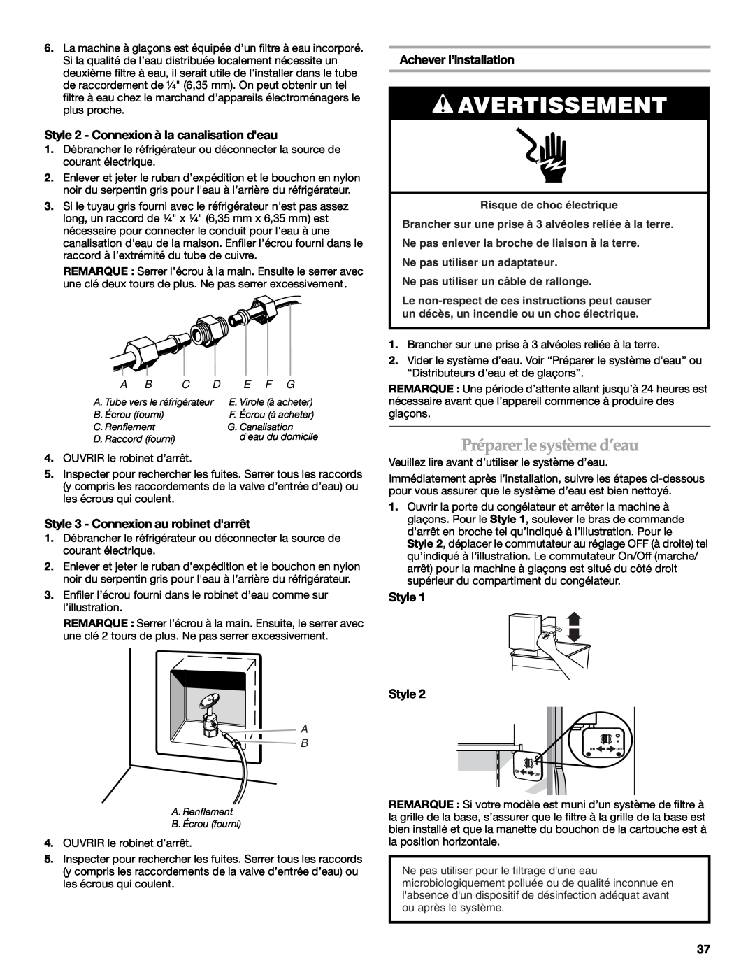 KitchenAid 2318581 manual Préparerlesystème d’eau, Style 2 - Connexion à la canalisation deau, Achever l’installation 
