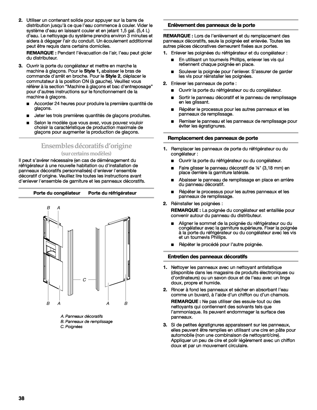 KitchenAid 2318581 manual Ensemblesdécoratifsd’origine, sur certains modèles, Enlèvement des panneaux de la porte 