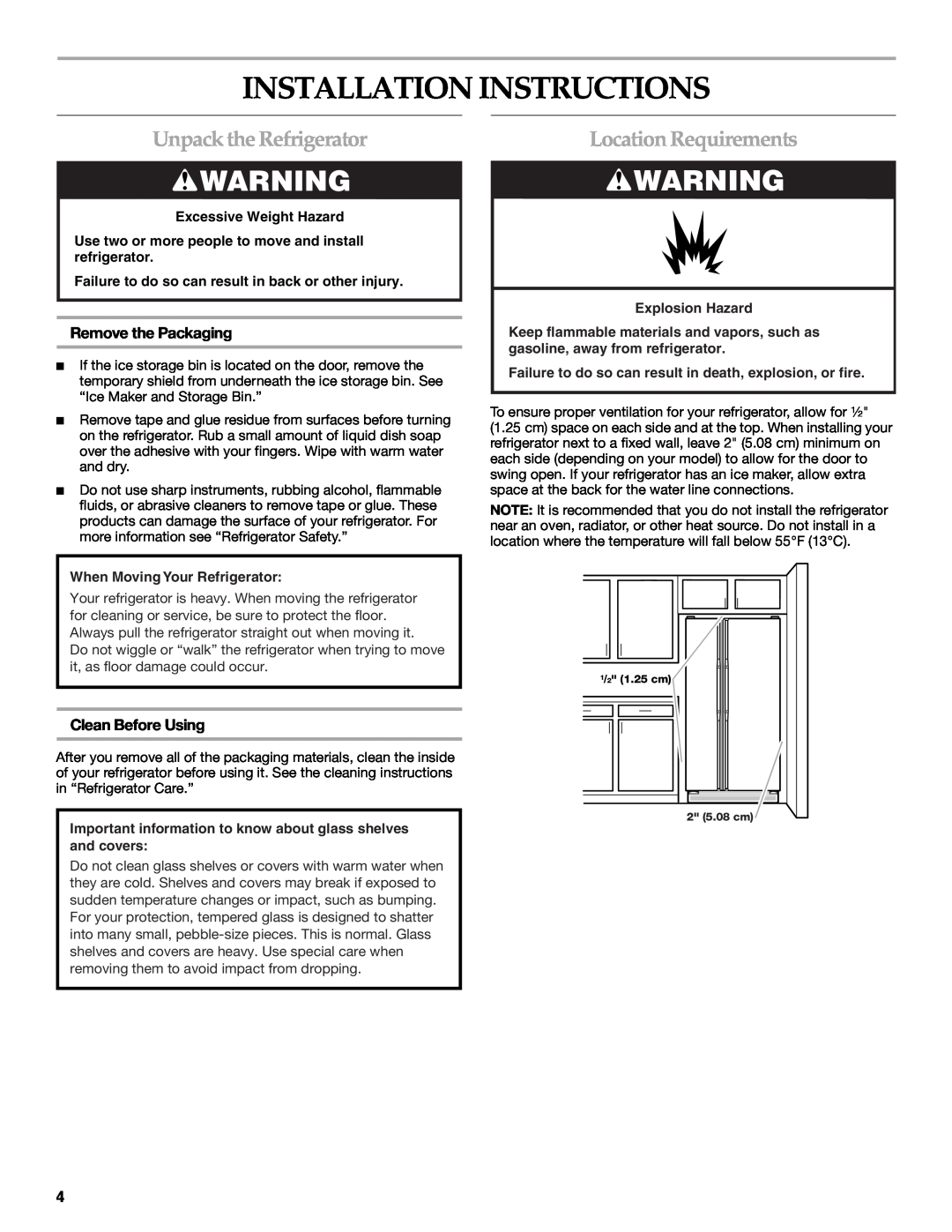 KitchenAid 2318581 manual Installation Instructions, Unpack the Refrigerator, Location Requirements, Remove the Packaging 