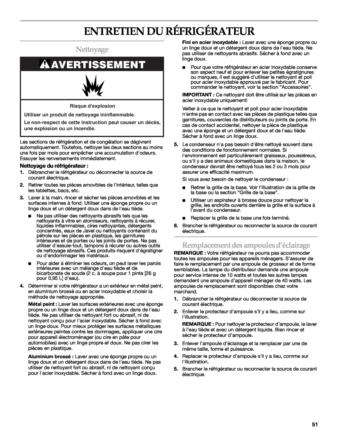KitchenAid 2318581 manual Entretien Du Réfrigérateur, Remplacement des ampoulesd’éclairage, Nettoyage du réfrigérateur 