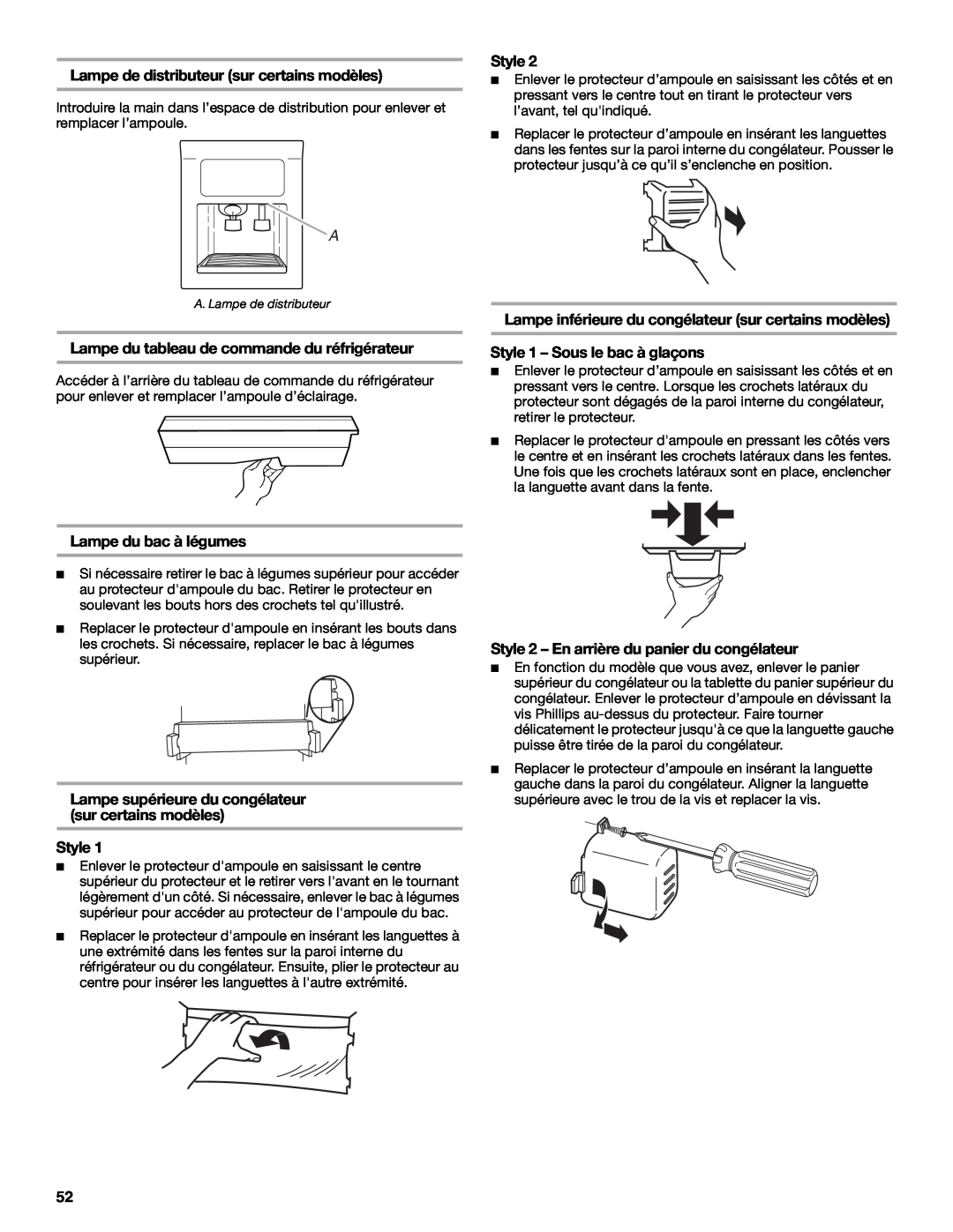 KitchenAid 2318581 manual Lampe de distributeur sur certains modèles, Lampe du tableau de commande du réfrigérateur, Style 
