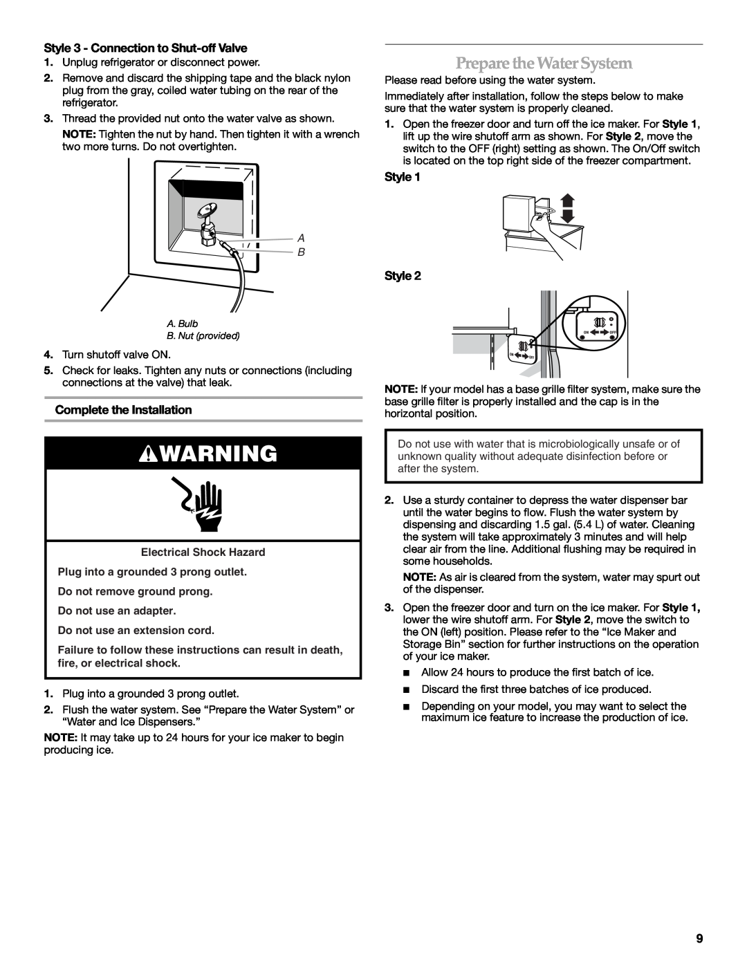 KitchenAid 2318581 manual Prepare the Water System, Style 3 - Connection to Shut-off Valve, Complete the Installation 