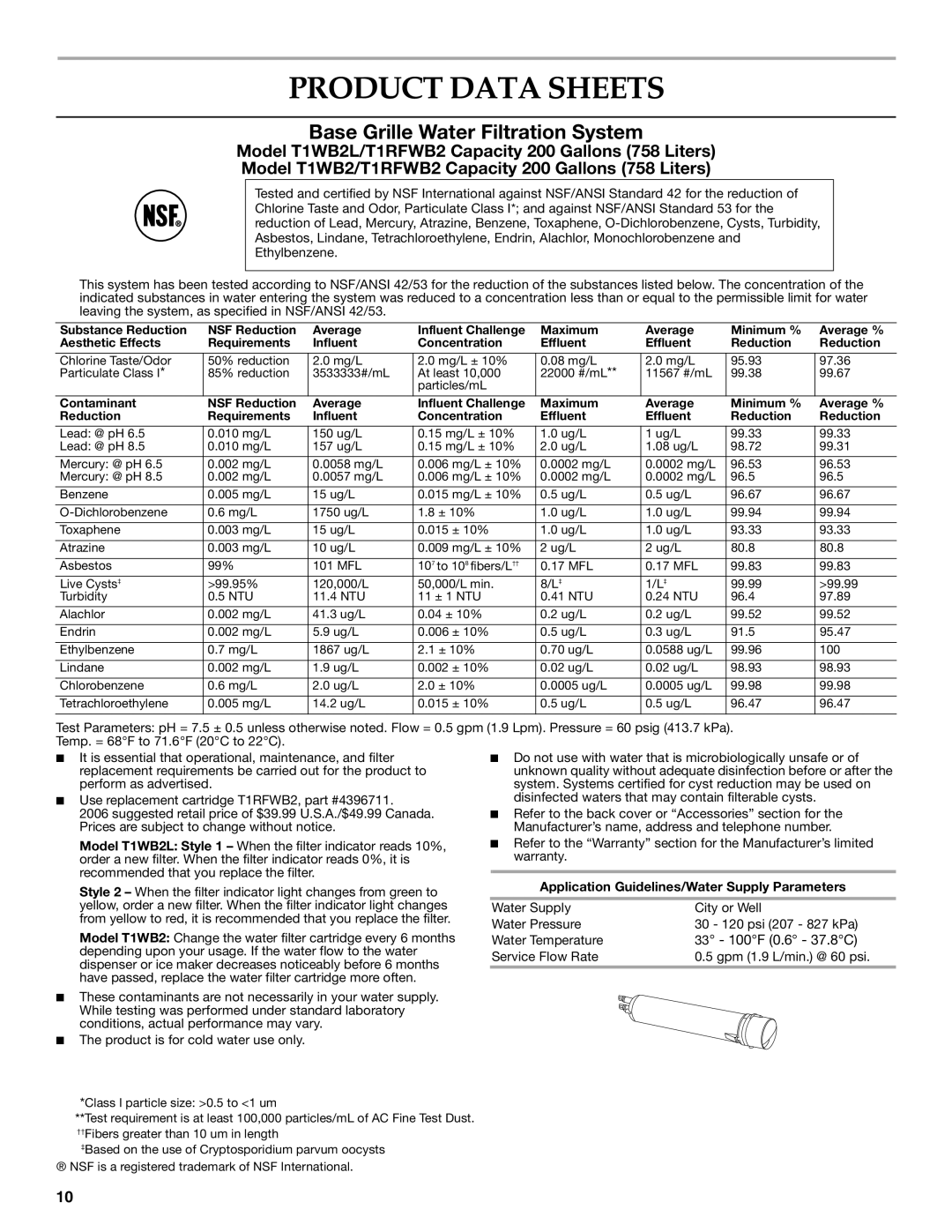 KitchenAid 2318583 warranty Product Data Sheets, Base Grille Water Filtration System 