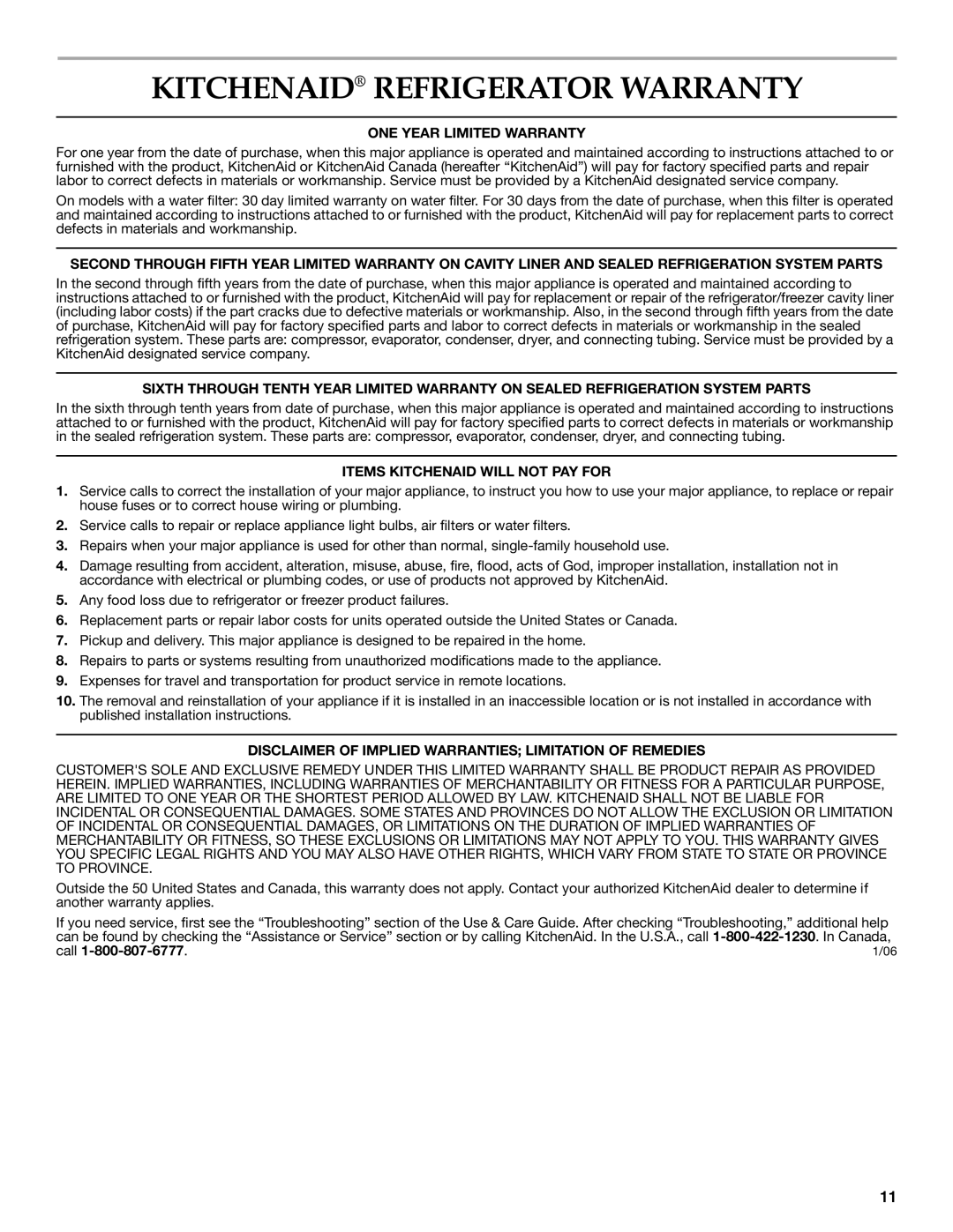 KitchenAid 2318583 warranty Kitchenaid Refrigerator Warranty, ONE Year Limited Warranty, Items Kitchenaid will not PAY for 