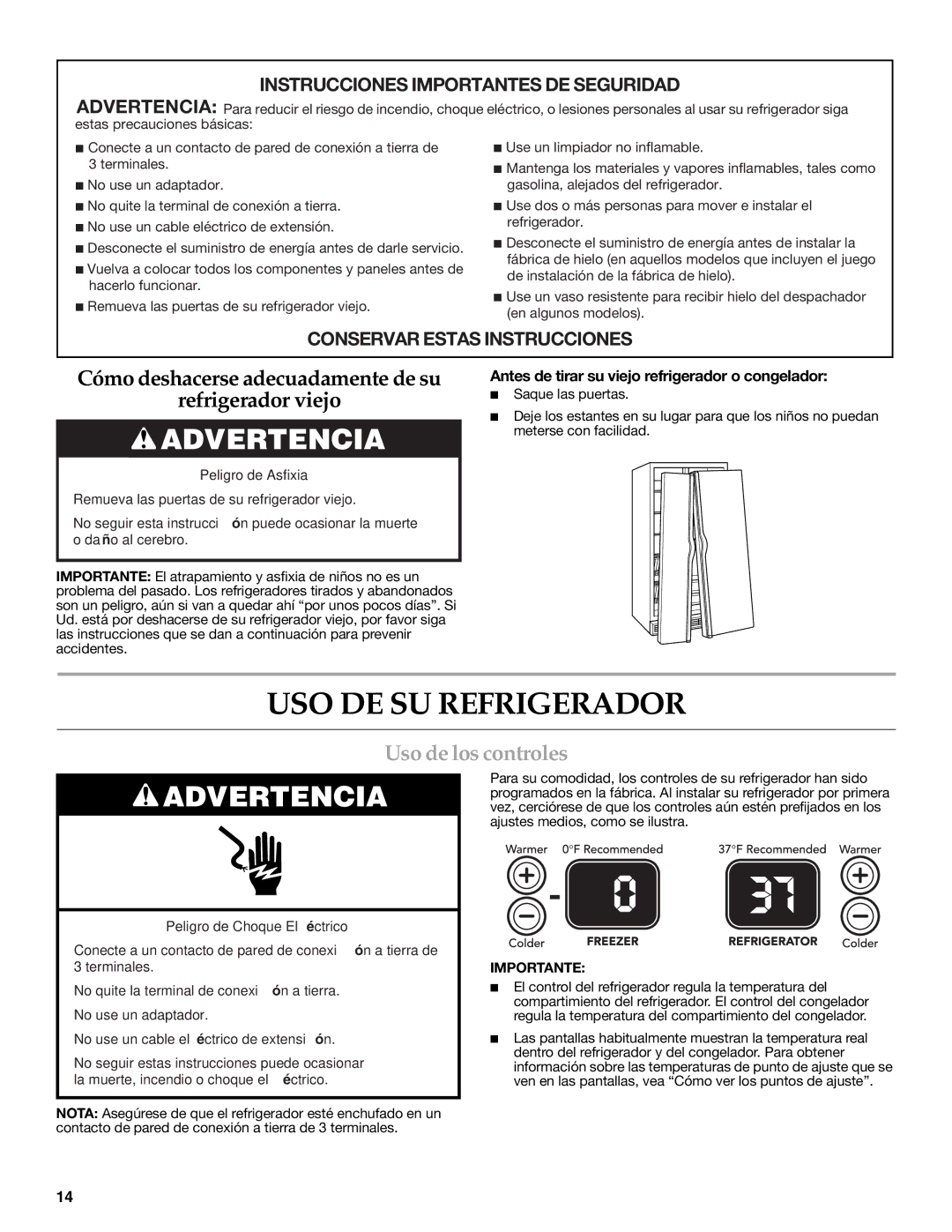 KitchenAid 2318583 warranty USO DE SU Refrigerador, Uso de los controles, Antes de tirar su viejo refrigerador o congelador 