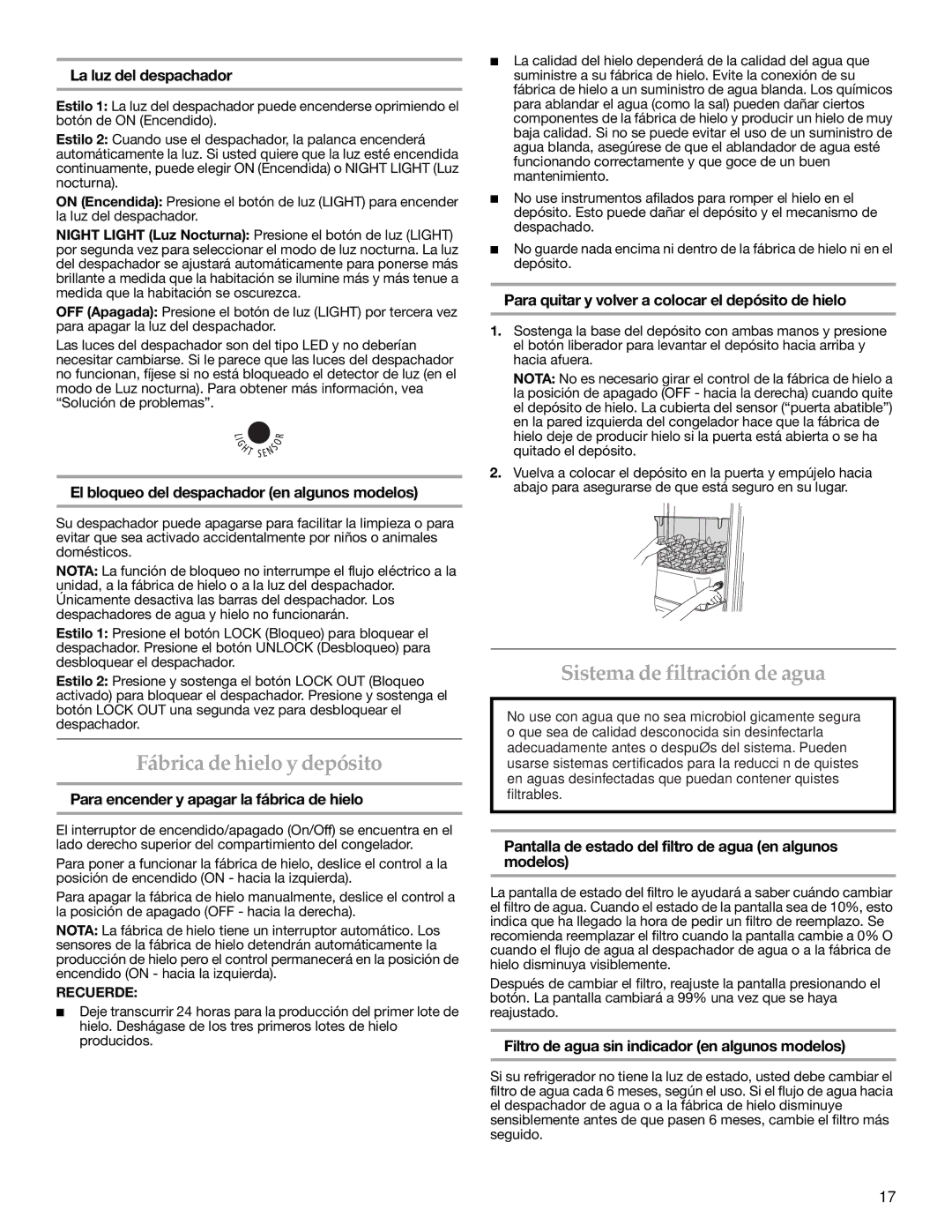 KitchenAid 2318583 warranty Fábrica de hielo y depósito, Sistema de filtración de agua 