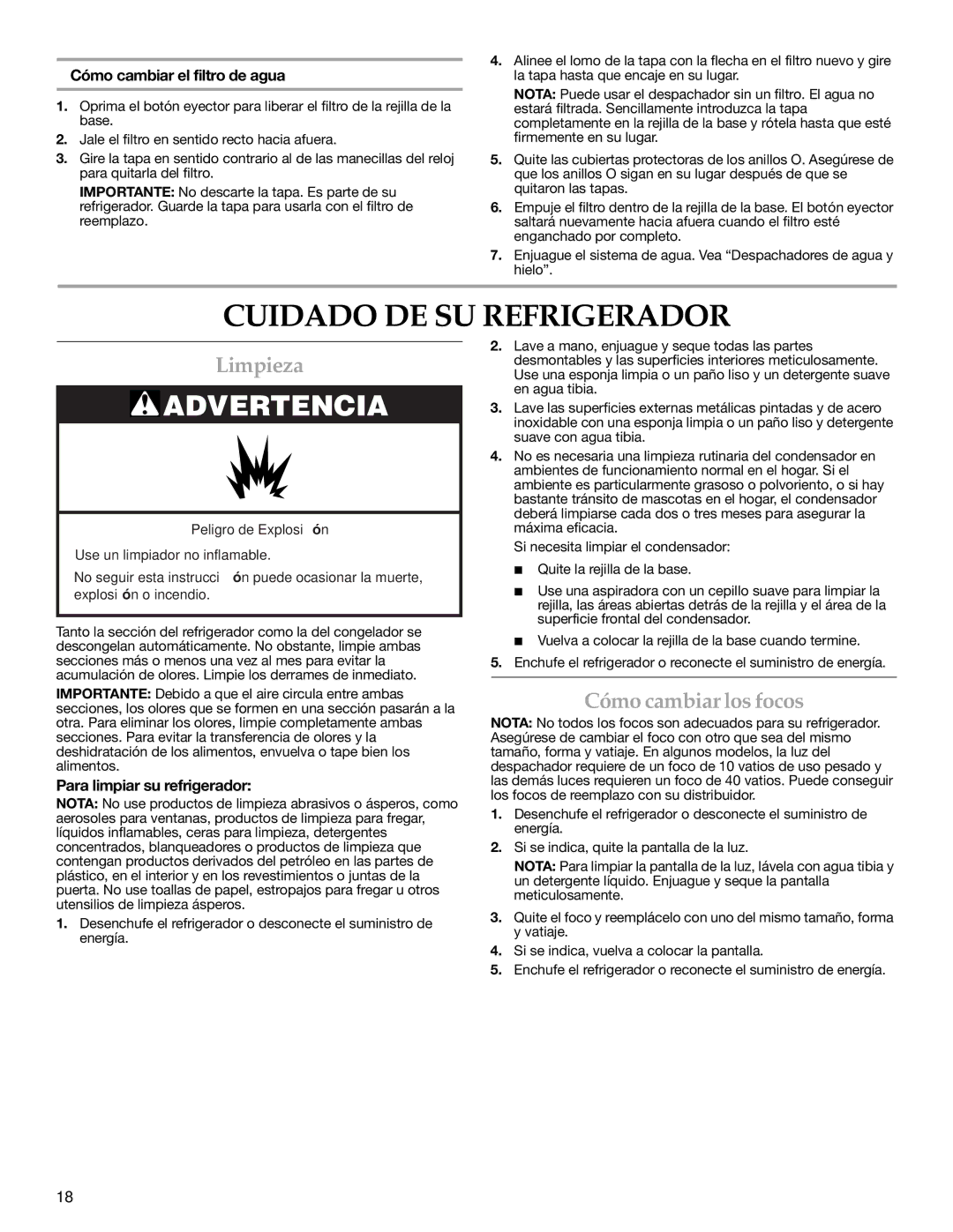 KitchenAid 2318583 warranty Cuidado DE SU Refrigerador, Limpieza, Cómo cambiar los focos, Cómo cambiar el filtro de agua 