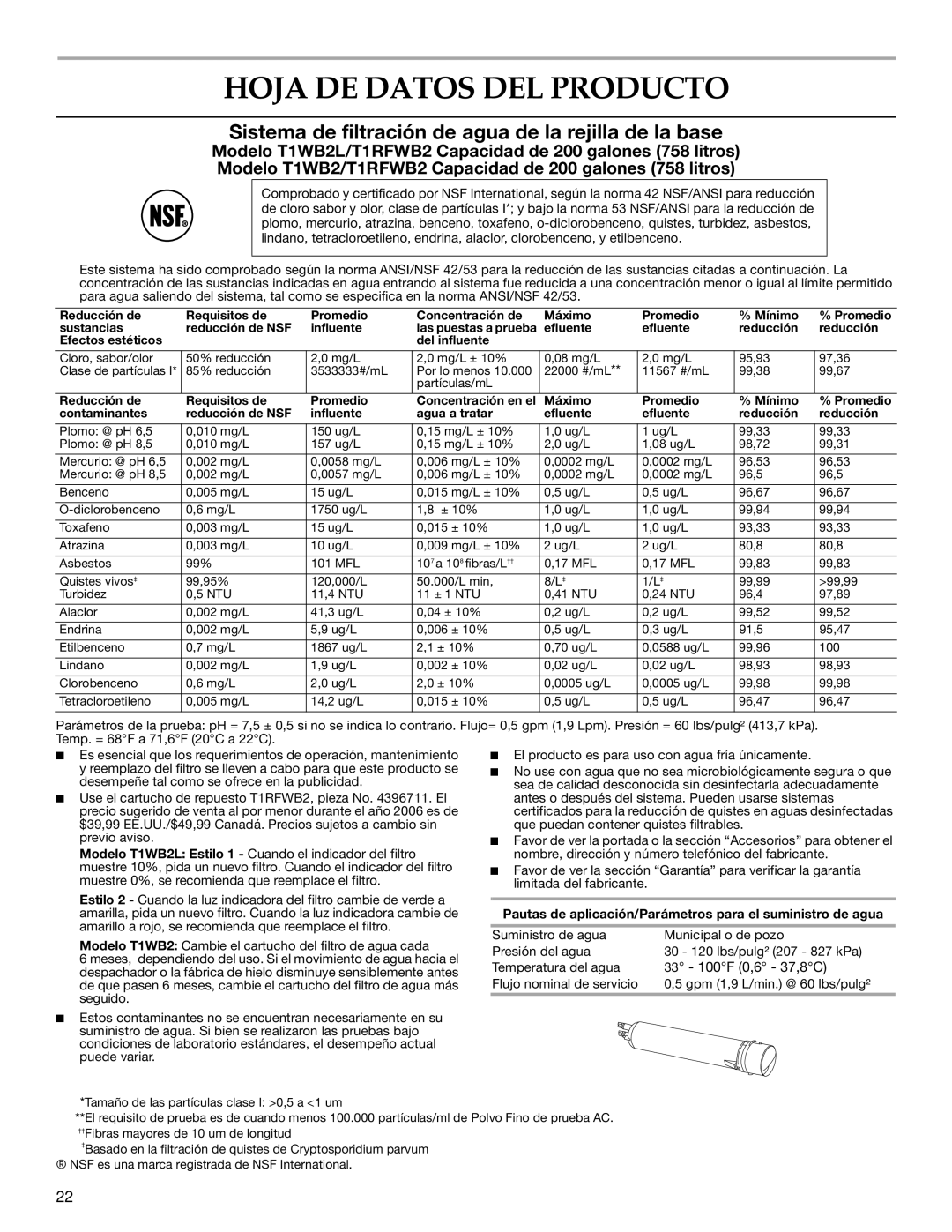 KitchenAid 2318583 warranty Hoja DE Datos DEL Producto, Sistema de filtración de agua de la rejilla de la base 