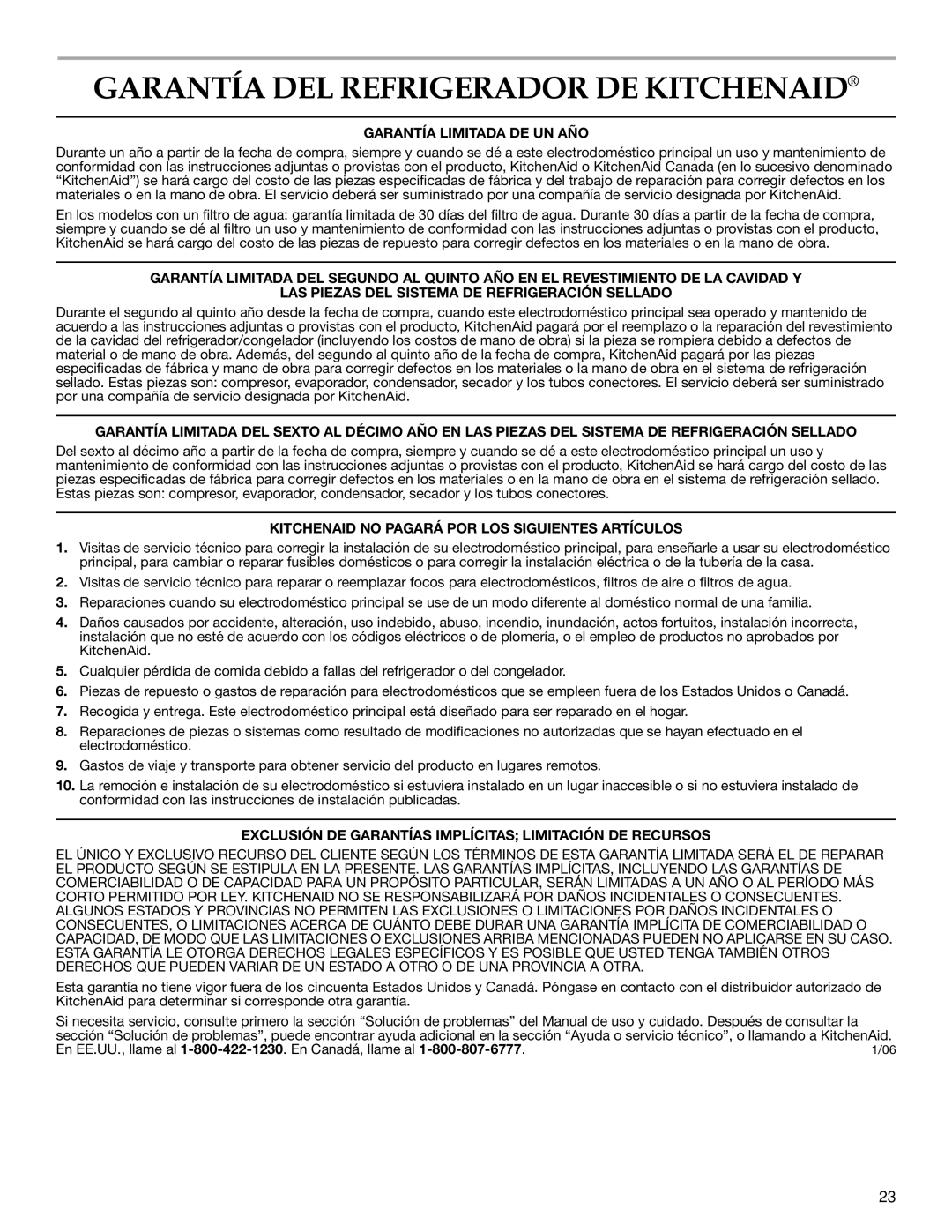 KitchenAid 2318583 warranty Garantía DEL Refrigerador DE Kitchenaid, Garantía Limitada DE UN AÑO 