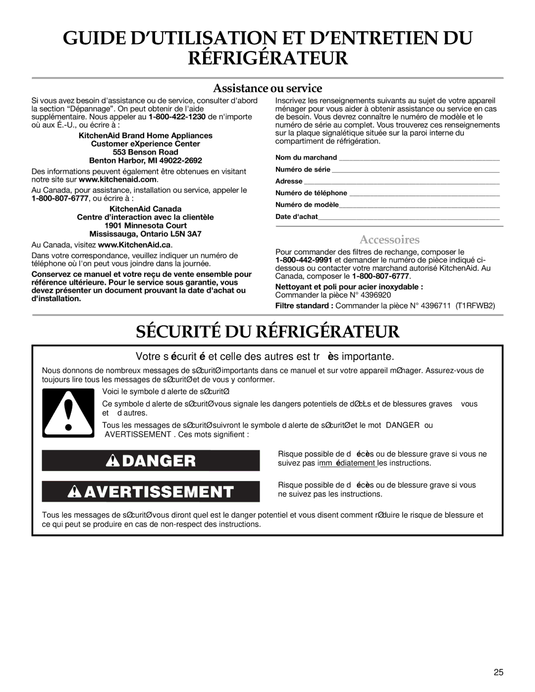 KitchenAid 2318583 warranty Sécurité DU Réfrigérateur, Accessoires 