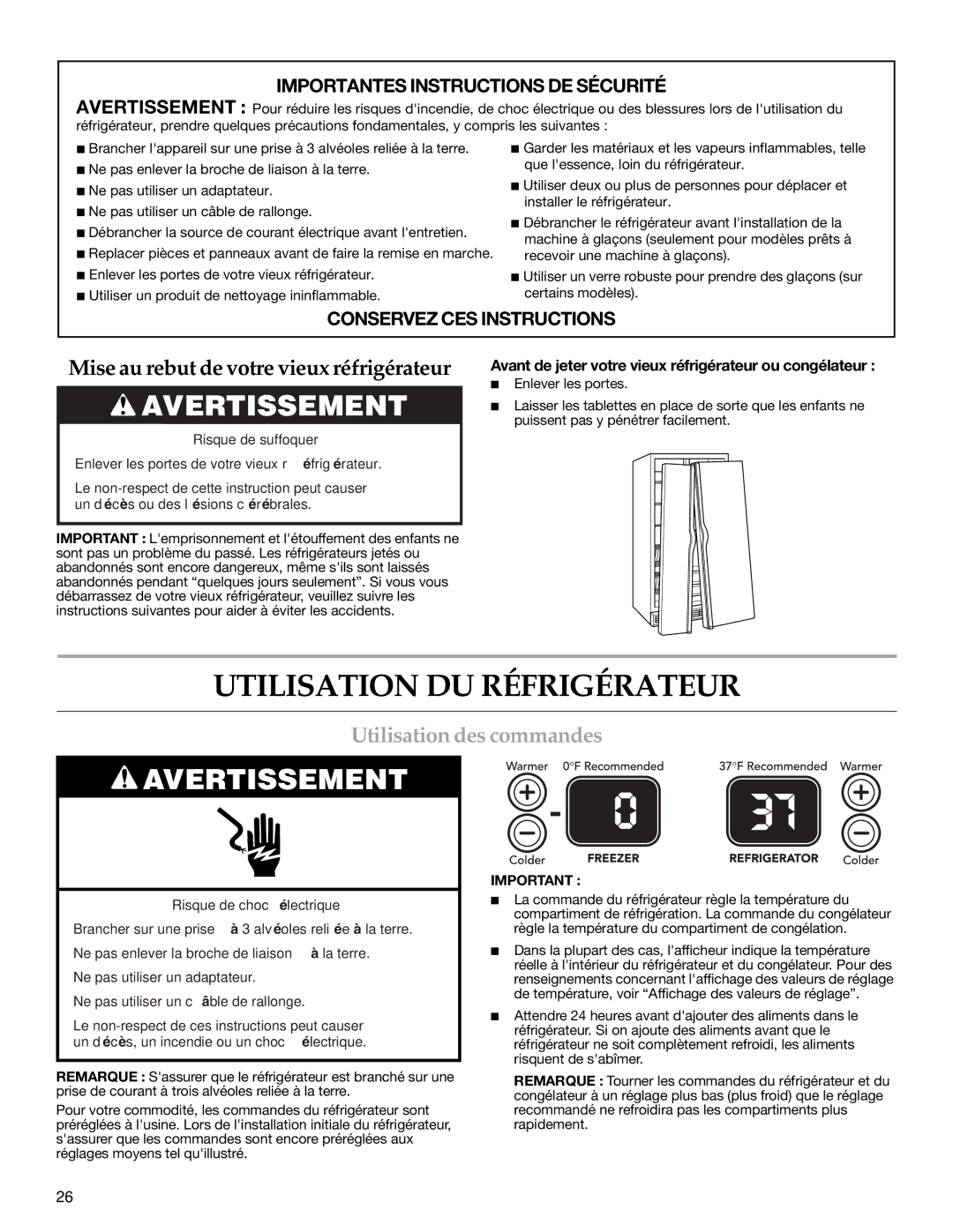 KitchenAid 2318583 warranty Utilisation DU Réfrigérateur, Utilisation des commandes 