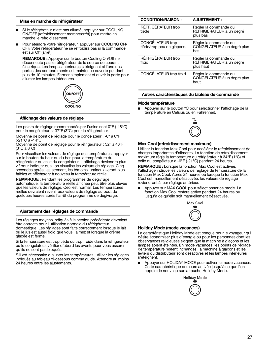 KitchenAid 2318583 Mise en marche du réfrigérateur, Affichage des valeurs de réglage, Max Cool refroidissement maximum 