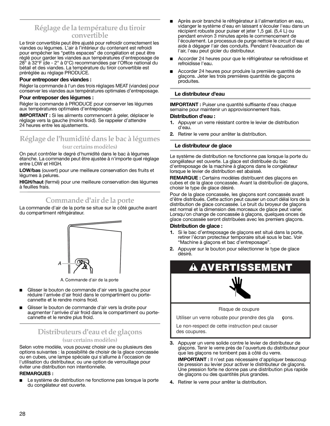 KitchenAid 2318583 warranty Réglage de la température du tiroir Convertible, Réglage de lhumidité dans le bac à légumes 