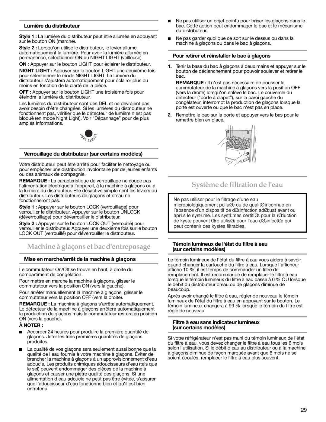 KitchenAid 2318583 warranty Machine à glaçons et bac dentreposage, Système de filtration de leau 