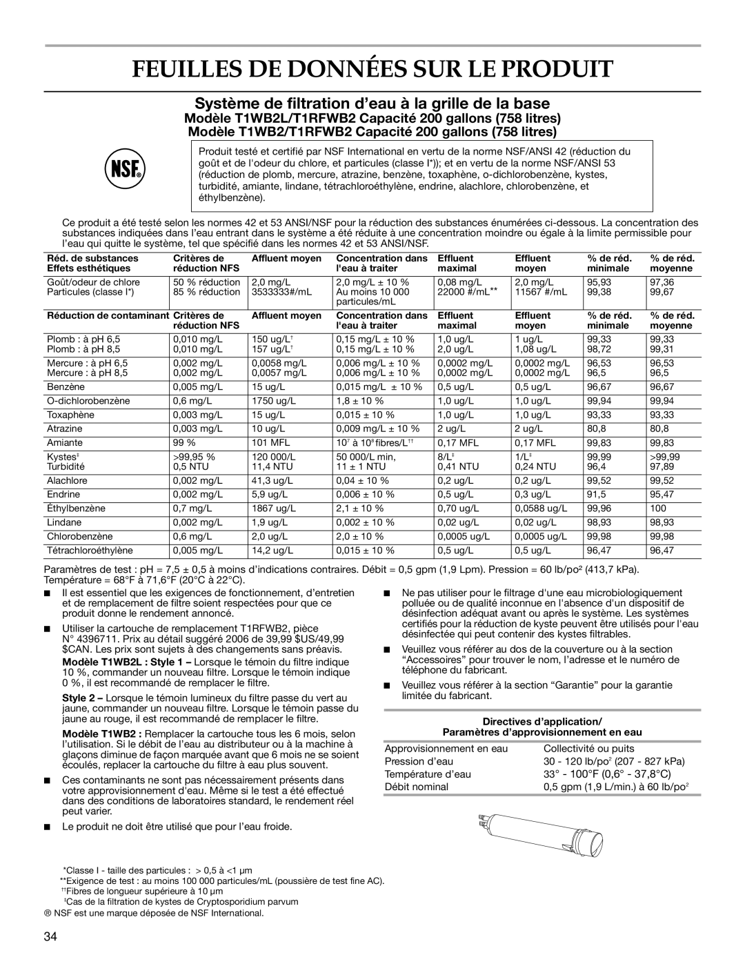 KitchenAid 2318583 warranty Feuilles DE Données SUR LE Produit, Système de filtration d’eau à la grille de la base 