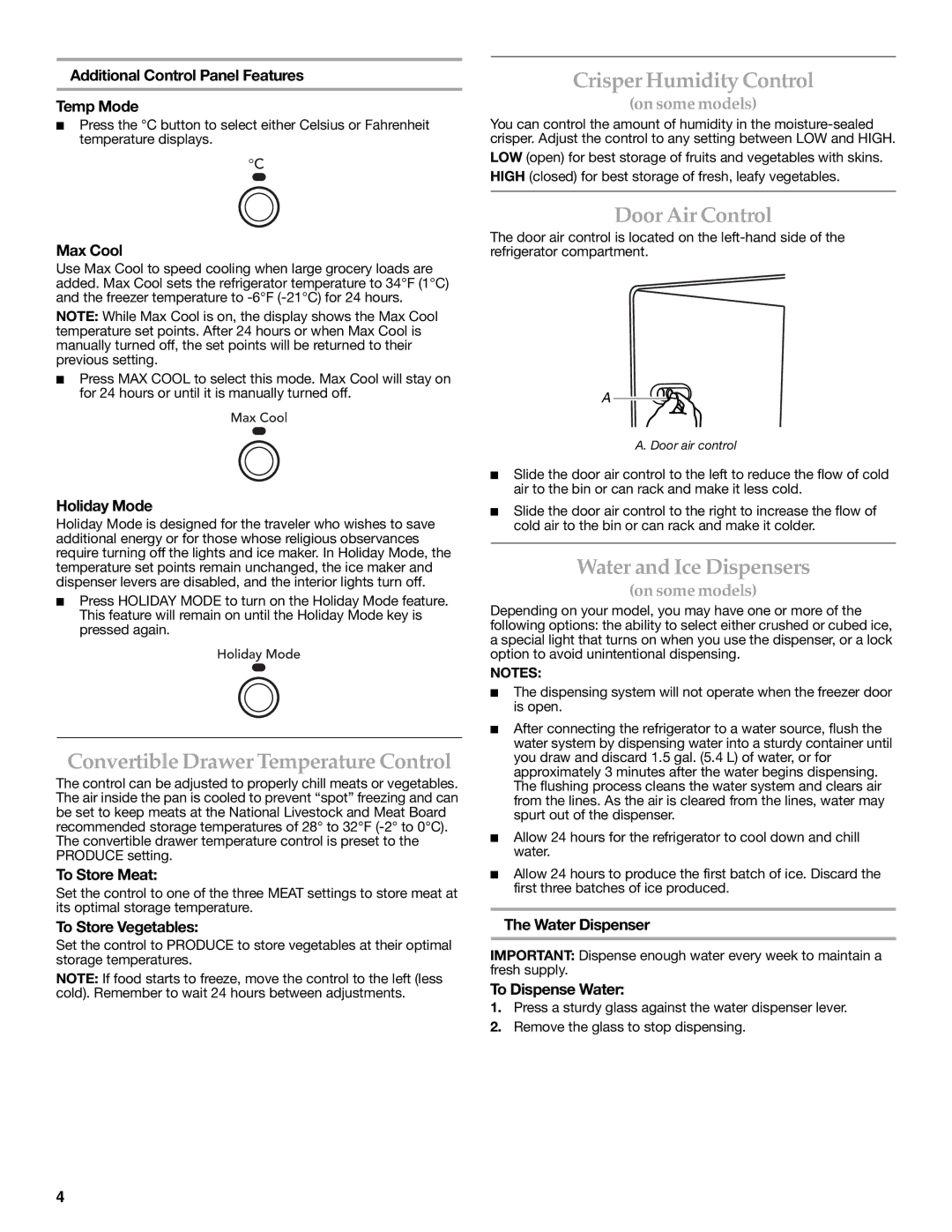 KitchenAid 2318583 warranty Crisper Humidity Control, Convertible Drawer Temperature Control, Door Air Control 