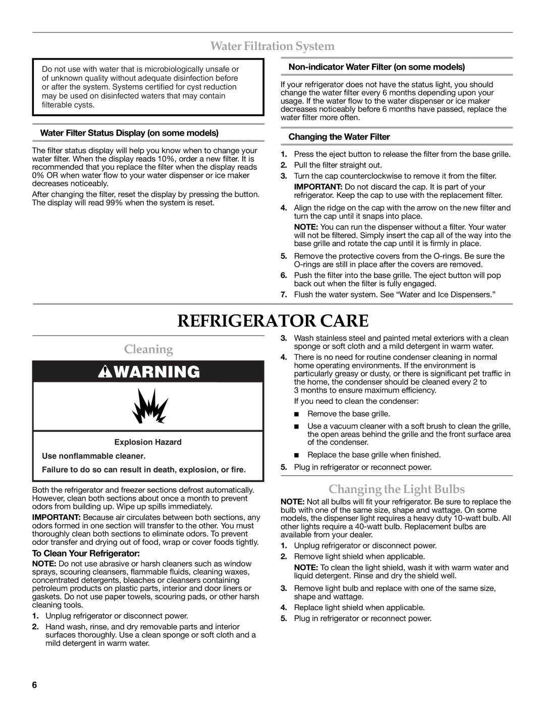 KitchenAid 2318583 warranty Refrigerator Care, Water Filtration System, Cleaning, Changing the Light Bulbs 