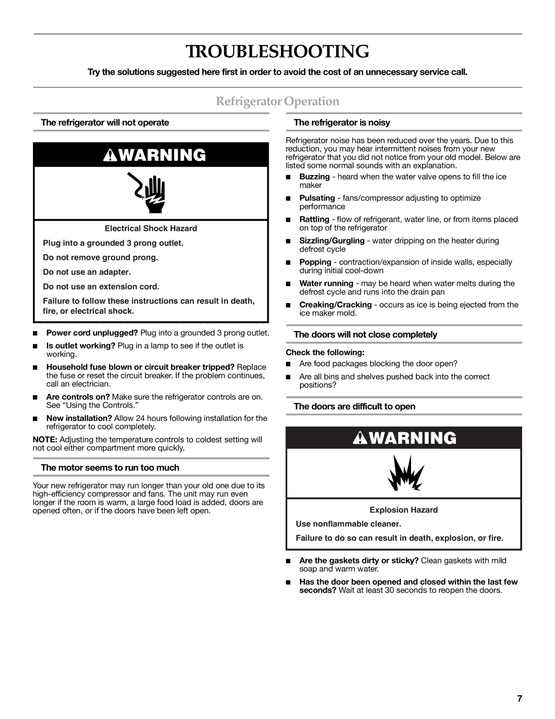 KitchenAid 2318583 warranty Troubleshooting, Refrigerator Operation 