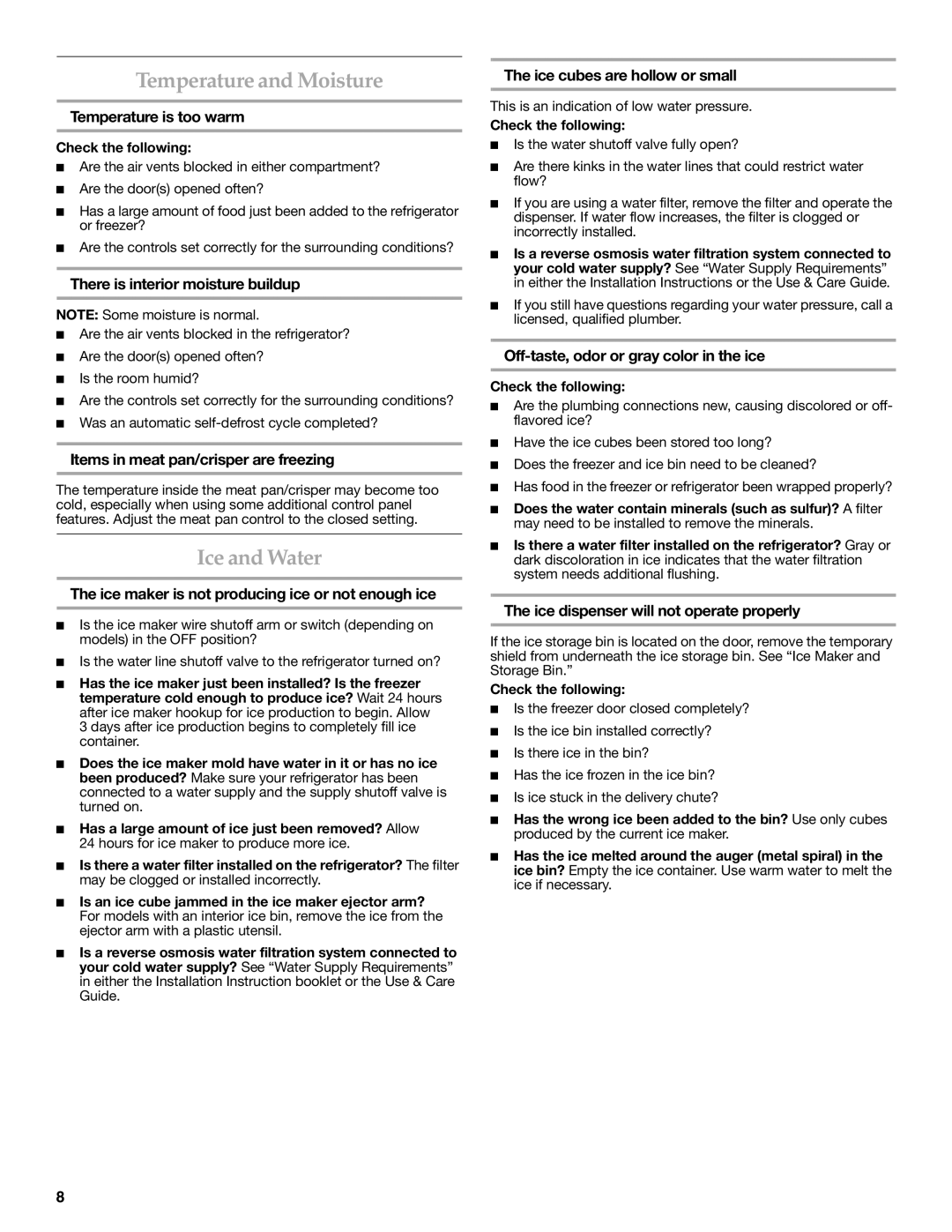 KitchenAid 2318583 warranty Temperature and Moisture, Ice and Water 