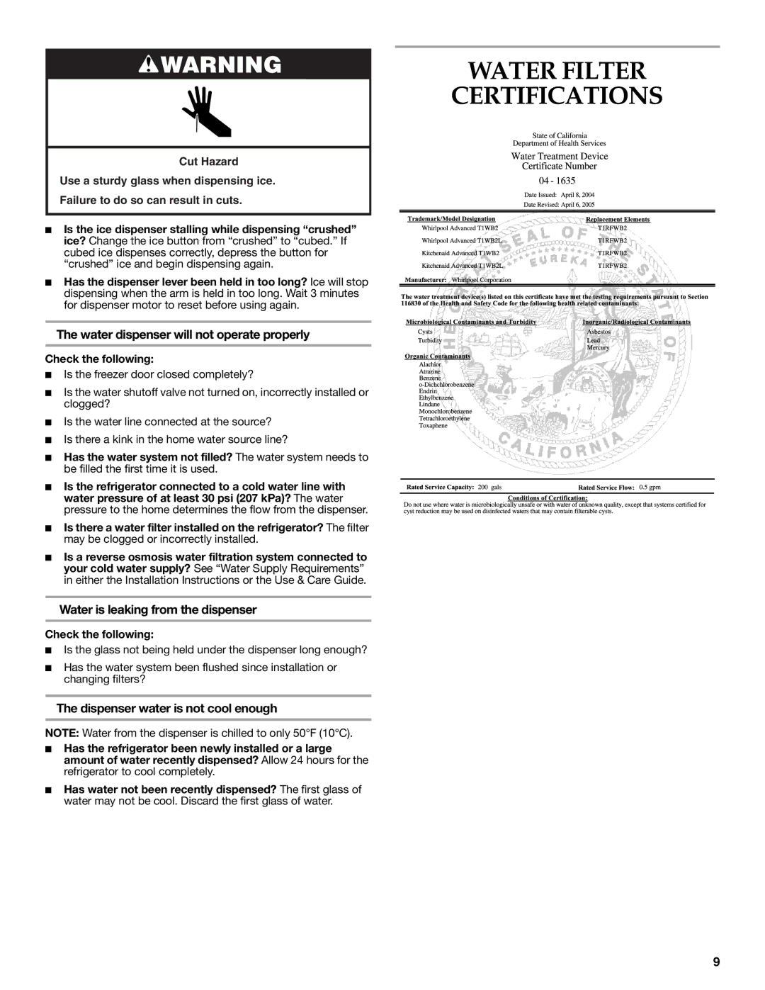 KitchenAid 2318583 warranty Water Filter Certifications, Water dispenser will not operate properly 