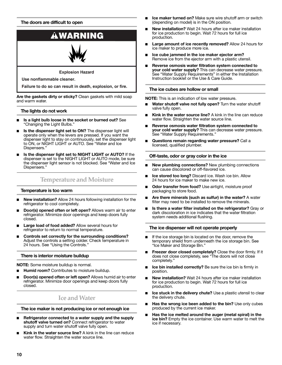 KitchenAid 2318586 warranty Temperature and Moisture, Ice and Water 